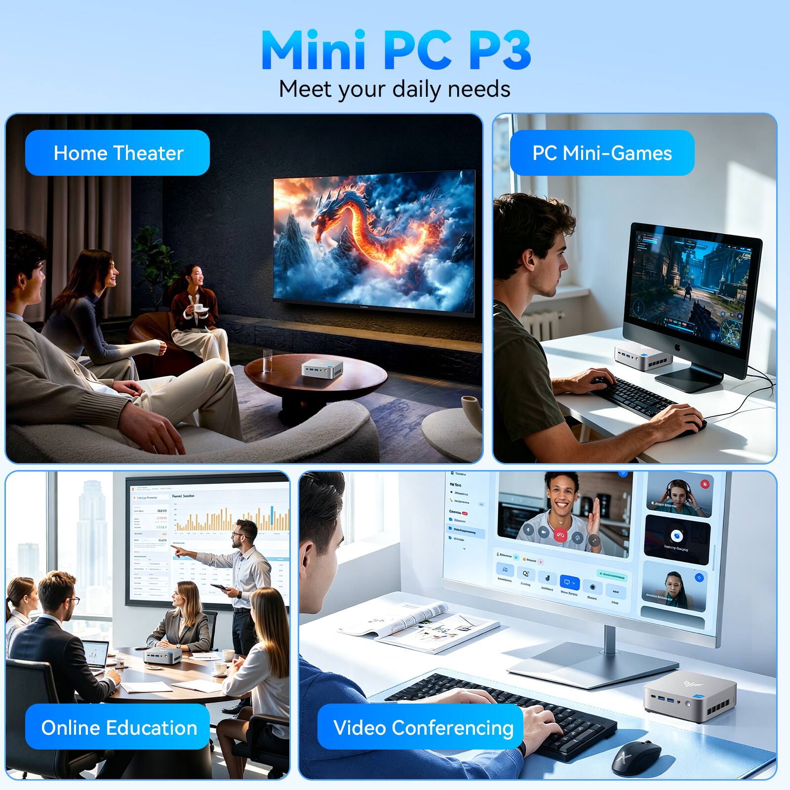 Mini PC P3  
Meet your daily needs  
Home Theater  
PC Mini-Games  
Online Education  
Video Conferencing