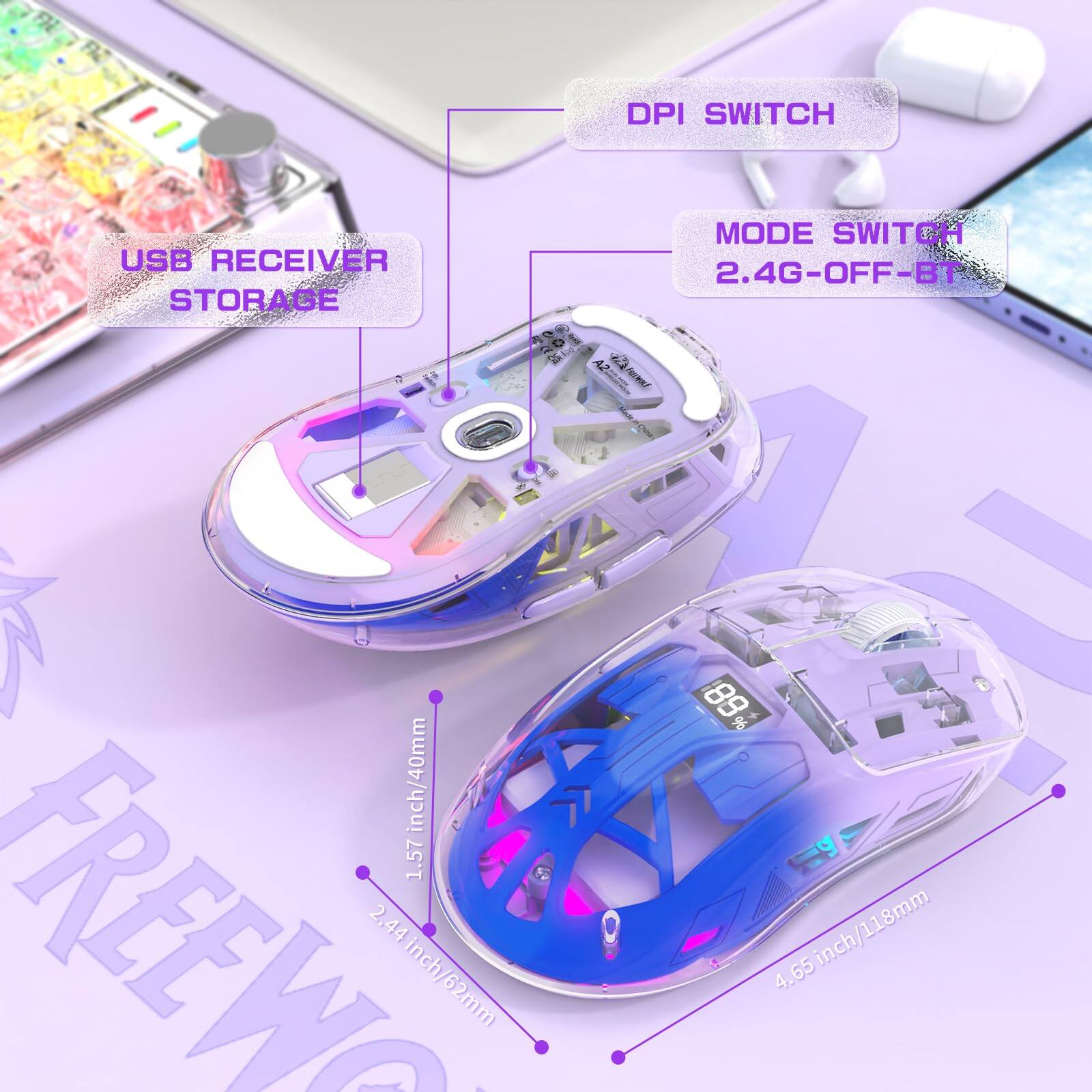 - USB RECEIVER STORAGE
- DPI SWITCH
- MODE SWITCH 2.4G-OFF-BT
- 1.57 inch/40mm
- 2.44 inch/62mm
- 4.65 inch/118mm