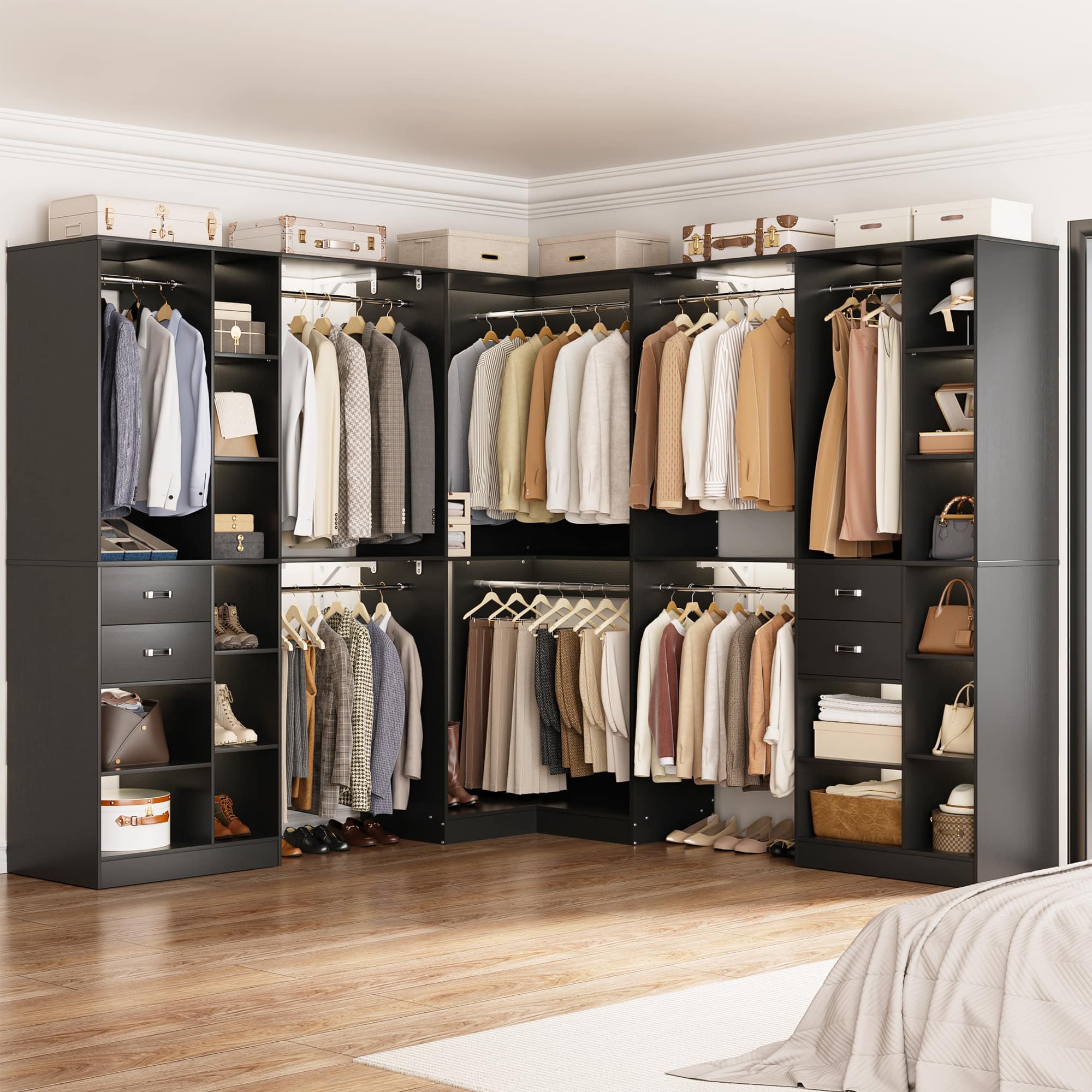 Aheaplus - 126'' L Shaped Closet System with 4 Drawers, 8 Hanging Rods and Adjustable Shelves, Reversible, Set of 3 - Black price history on PriceWatchPro