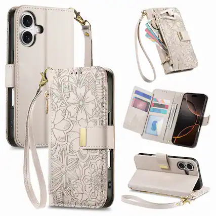 Front. UUCOVER - Floral PU Leather Wallet Case for Apple iPhone 16 with Zipper Pocket, Card Slots,Shoulder & Wrist Strap, Stand Cover - Beige.