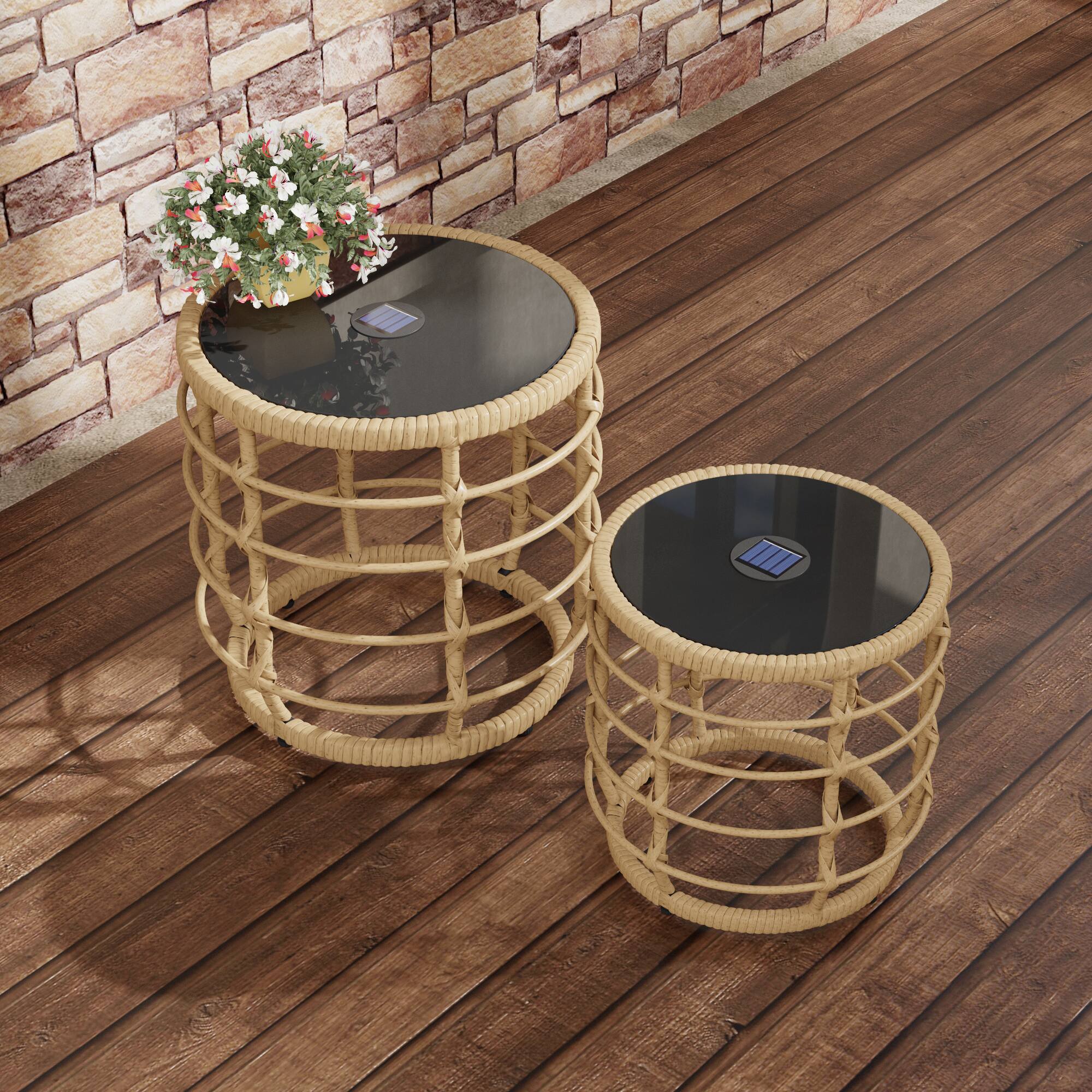 Alt View 8. FUFU&GAGA - Outdoor Rattan Solar Coffee Table Set with Glass Top and LED Light for Patio, Balcony, or Garden - Black & Wooden.