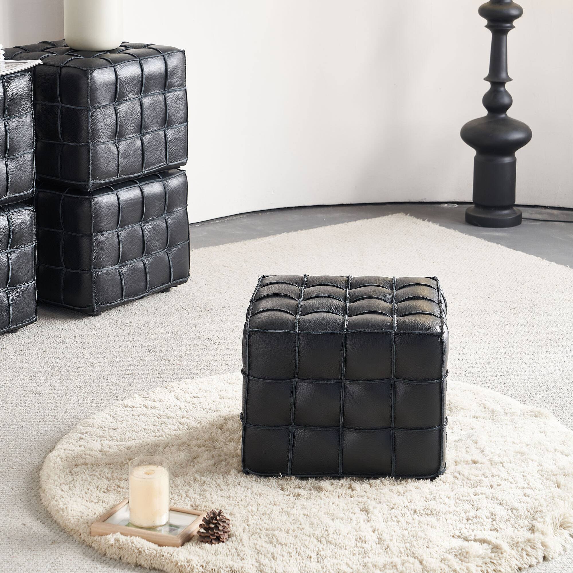 Left. GOODSILO - Genuine Leather Tufted Ottoman with Solid Wood Frame for Living Room and Bedroom Footrest and Seating - Black.
