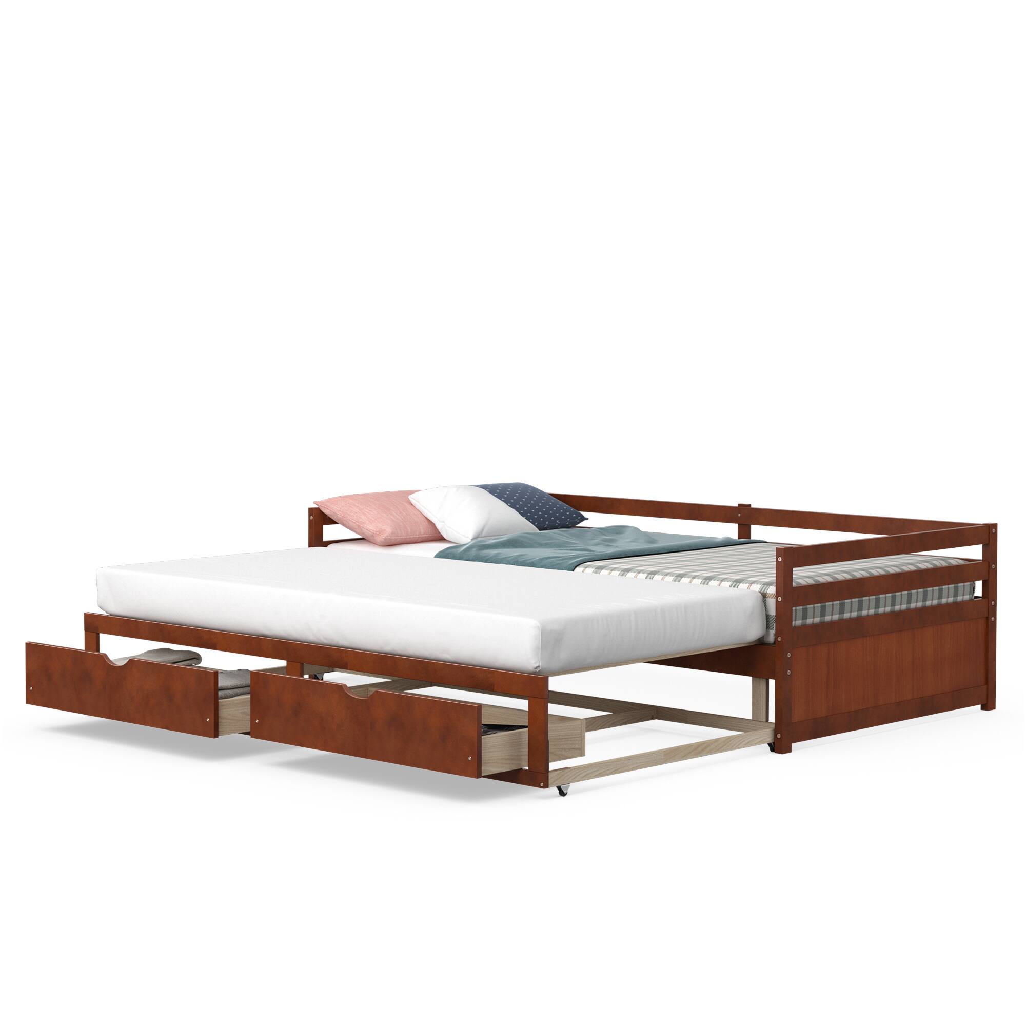 Angle. Costway - Costway Twin to King Daybed with  2 Drawers Wooden Sofa Bed for Bedroom Living Room Cherry - Cherry.
