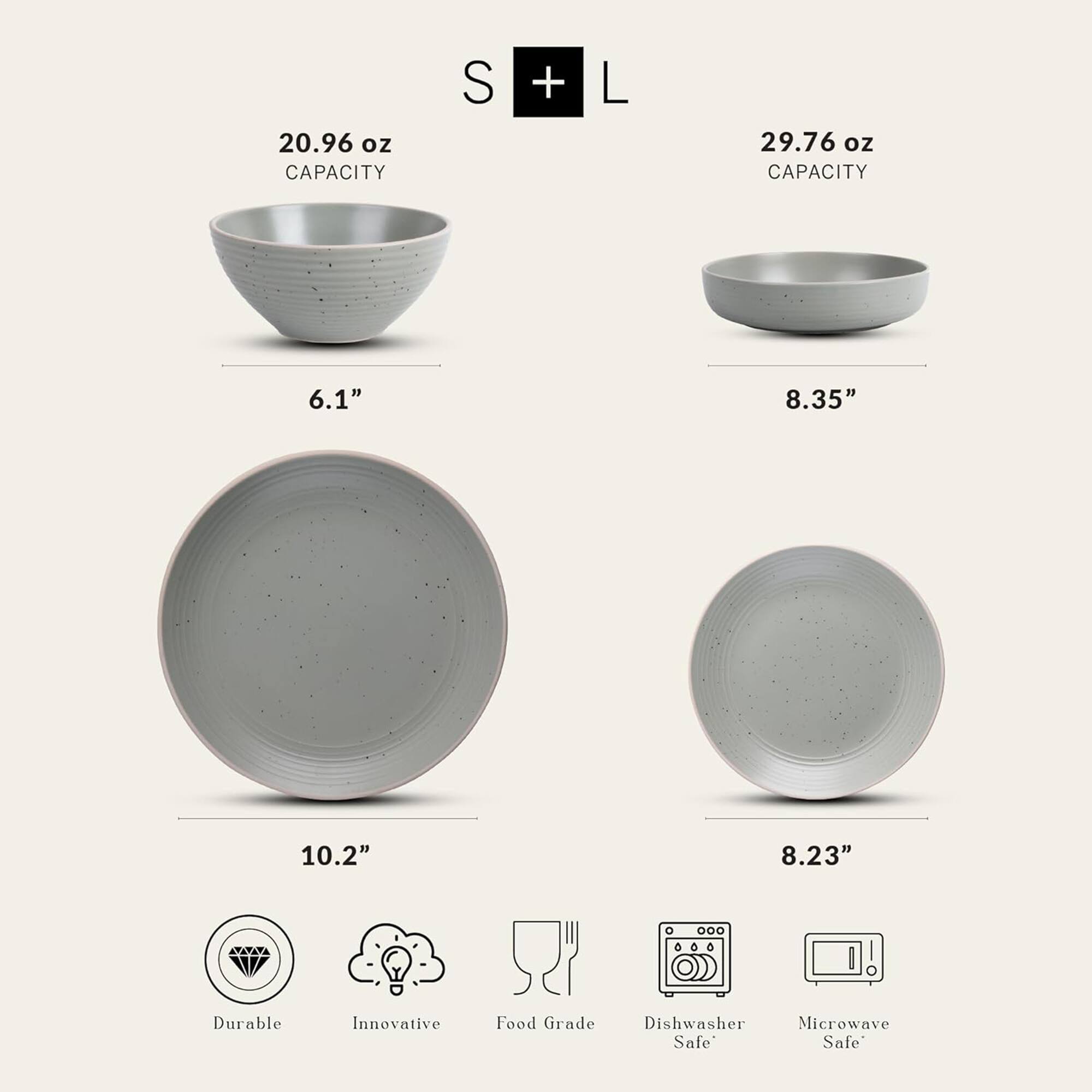 - **S + L**
  - 20.96 oz CAPACITY
  - 6.1"
  - 10.2"
  - 8.23"

- **L**
  - 29.76 oz CAPACITY
  - 8.35"

- **Features:**
  - Durable
  - Innovative
  - Food Grade
  - Dishwasher Safe
  - Microwave Safe