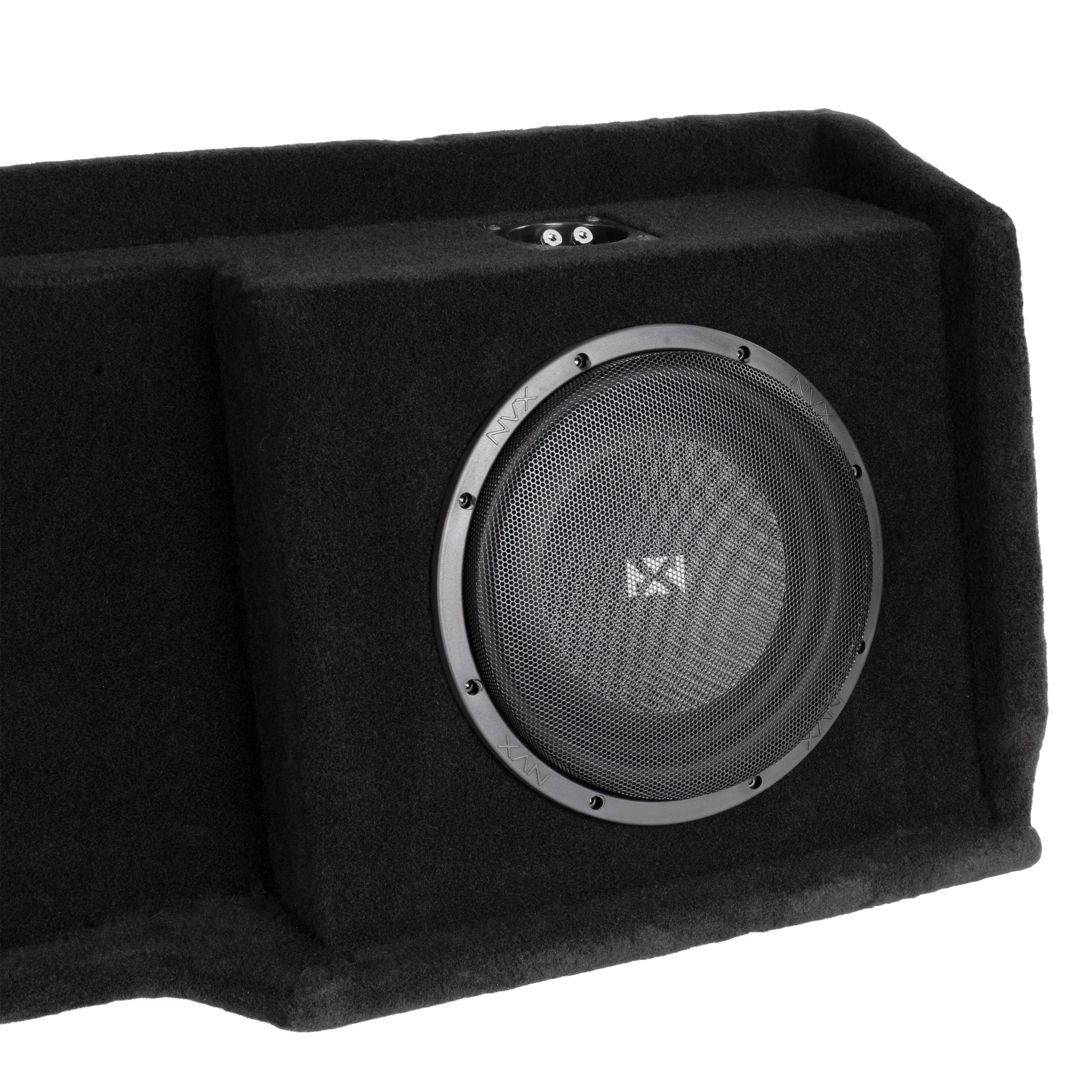 Left. NVX - Custom Fit 700W RMS Dual 10in Sealed Loaded Down Firing Subwoofer Enclosure for 1999-2006 Chevrolet Silverado and GMC.