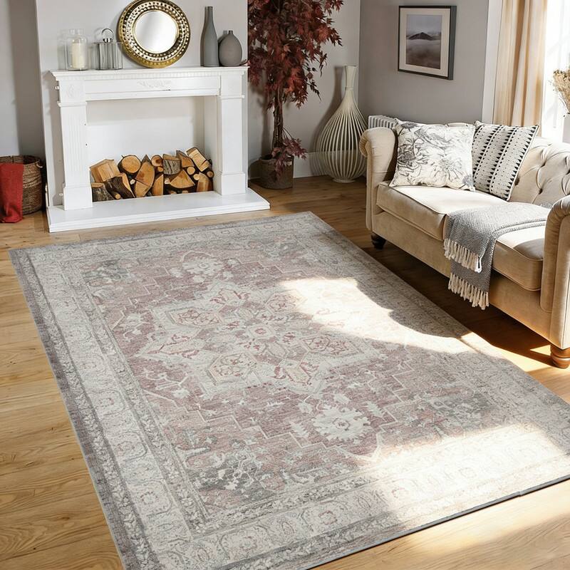 Angle. RYHNUYNE - 5x7 Area Rugs Living Room Rug Washable Vintage Boho Rug No Slip Stain Resistant Soft Carpet Indoor Floor Floral Carpets - Painting.