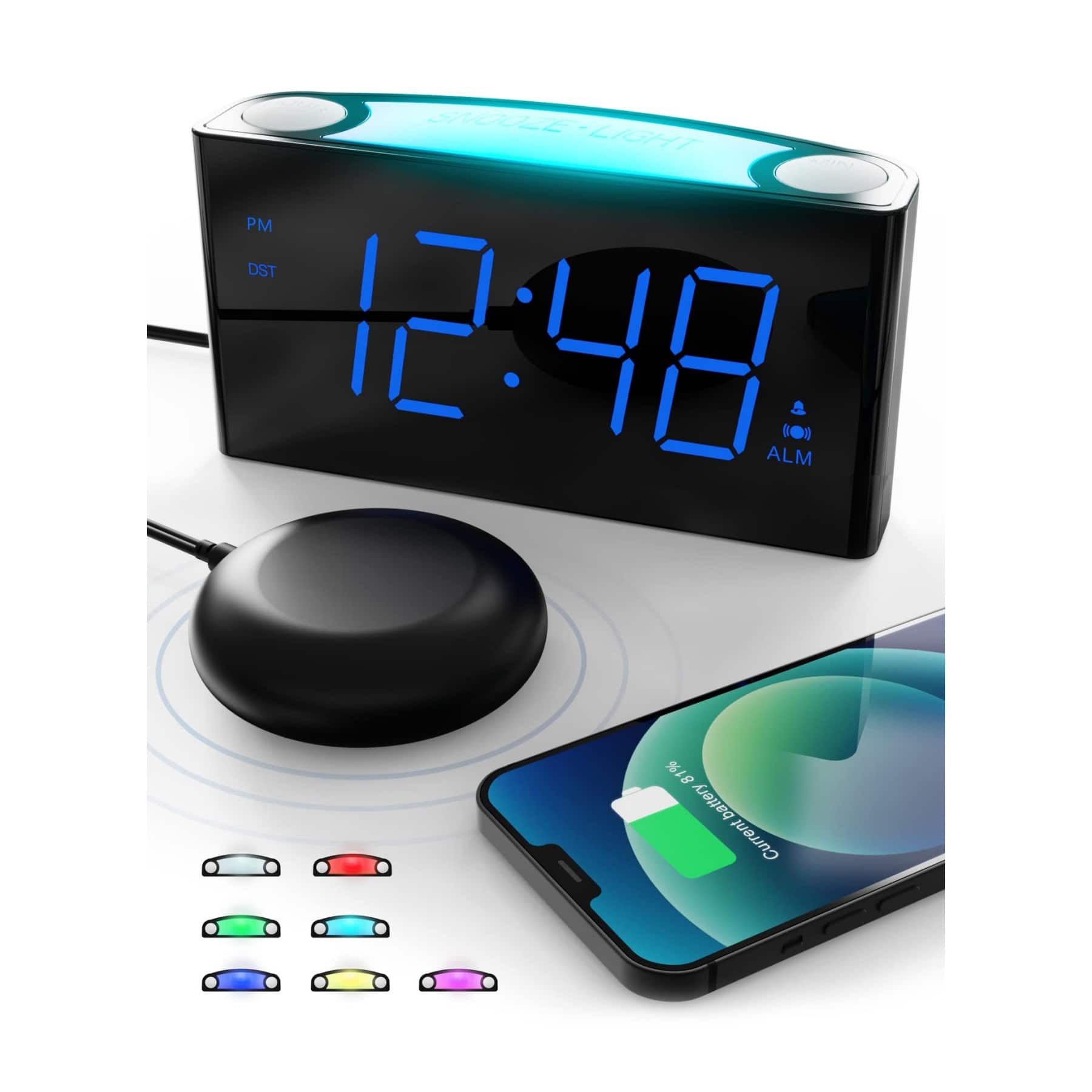 Dazzed Corner - Alarm Clock with Bed Shaker, Alarm Clock for Heavy Sleepers Dual USB Charger - Black
