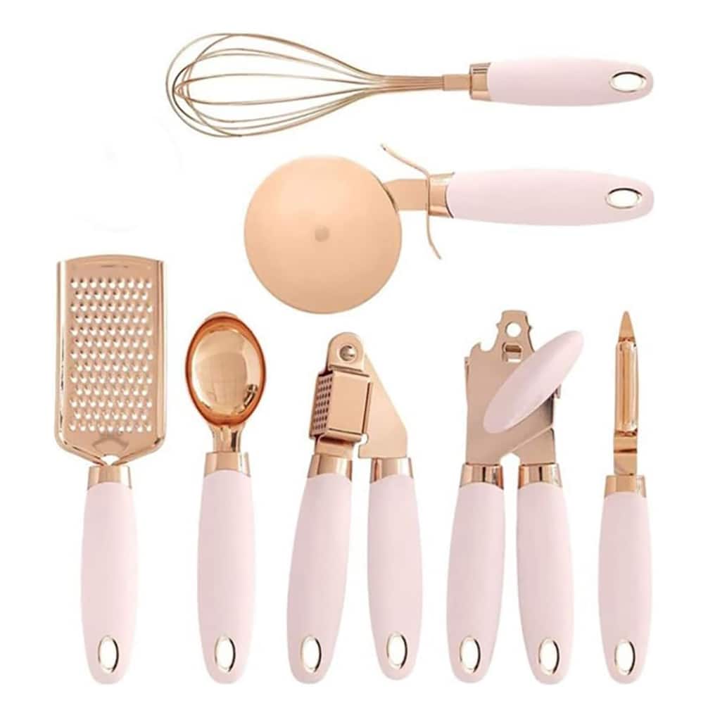 Dazzed Corner - Kitchen Gadget Set Copper Plated Stainless Steel Utensils with Soft Touch Handles, 7 Pieces - Pink