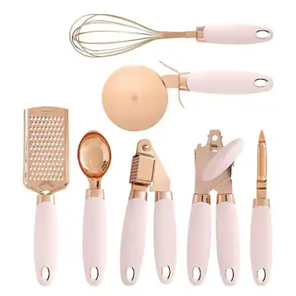 Front. Dazzed Corner - Kitchen Gadget Set Copper Plated Stainless Steel Utensils with Soft Touch Handles, Pink, 7 Pieces - Pink.