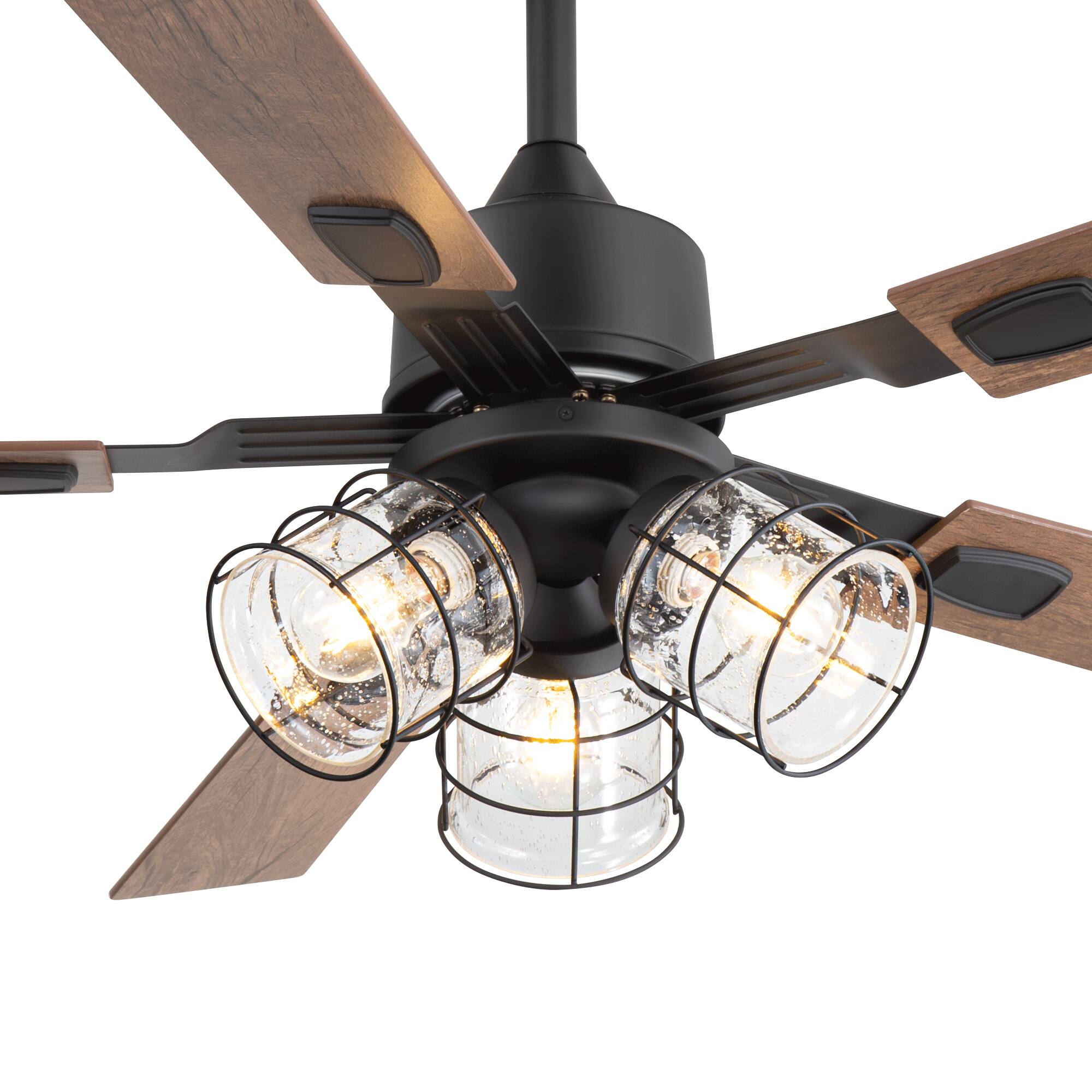 Left. Breezary - 52 Inch Ceiling Fan with 5 Dual-Finish Plywood Blades, DC Motor, 6-Inch Downrod, 6-Speed Remote Control & Timer - Matte Black and Dark Wood Grain + Light Wood Grain.