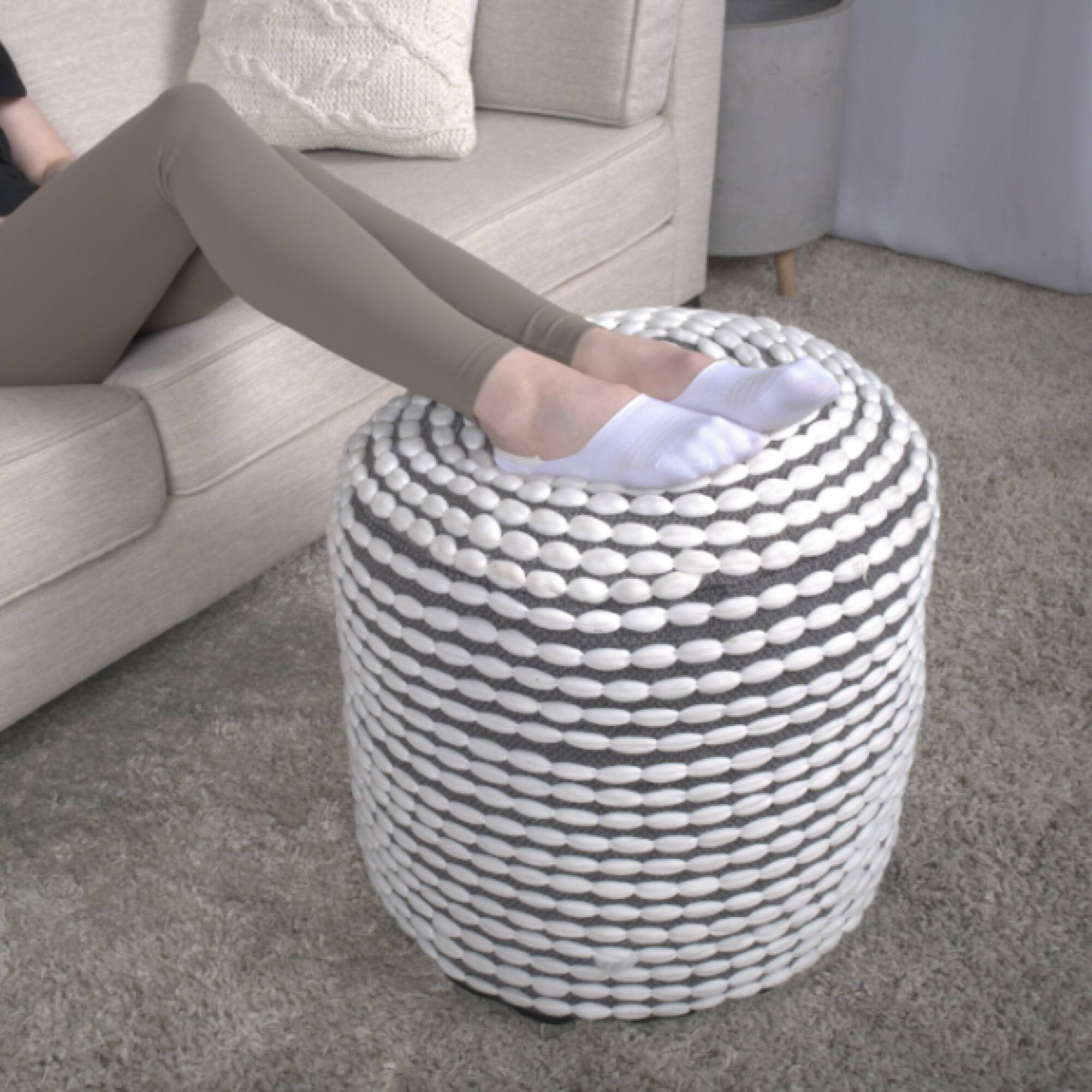 Alt View 1. GOODSILO - Water Resistant Handcrafted Cylindrical Pouf Ottoman for Indoor Use - White.