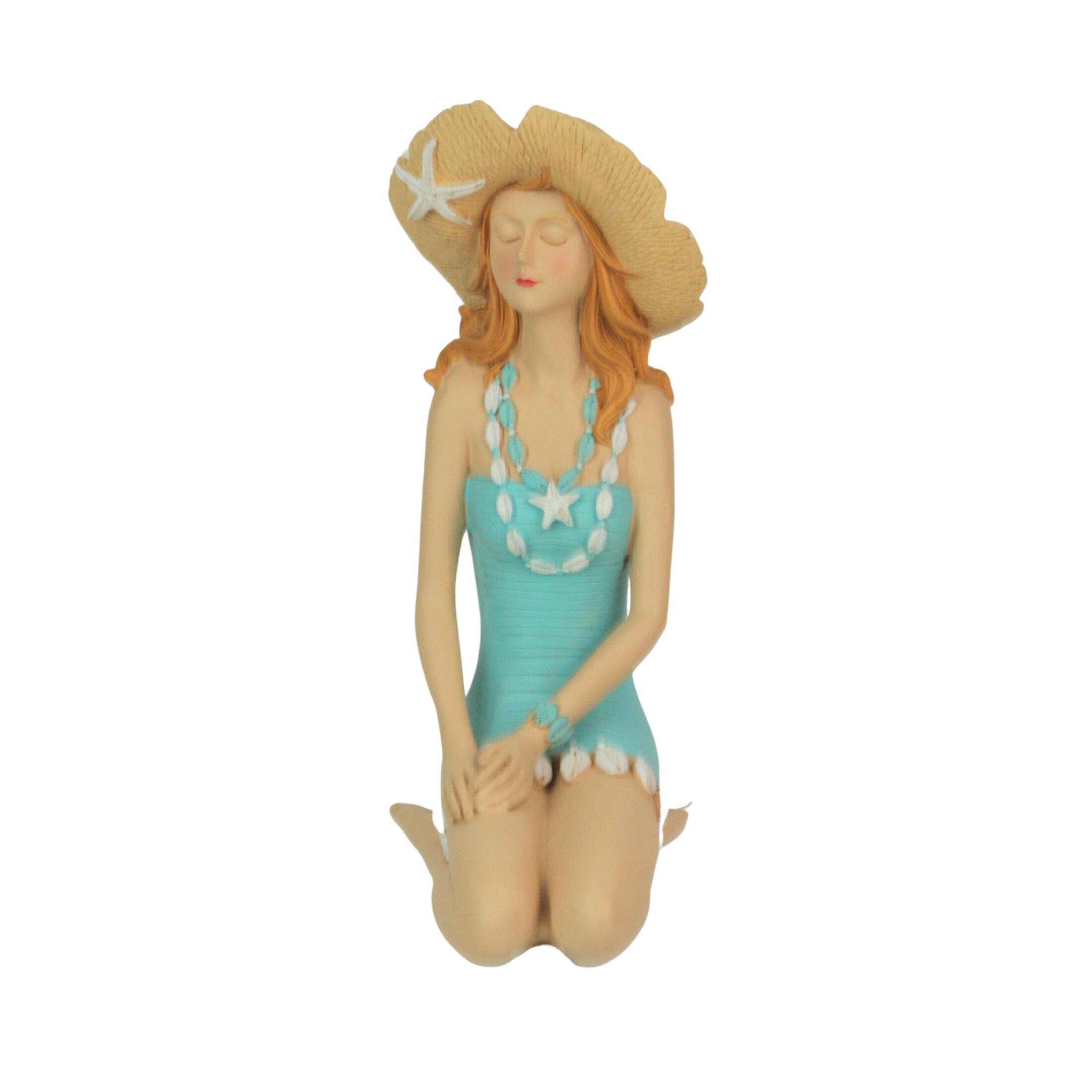 Alt View 1. Fancy That - Charming Redhead Bathing Beauty Figurine – 7.75", Straw Hat, Coastal Decor - Teal.