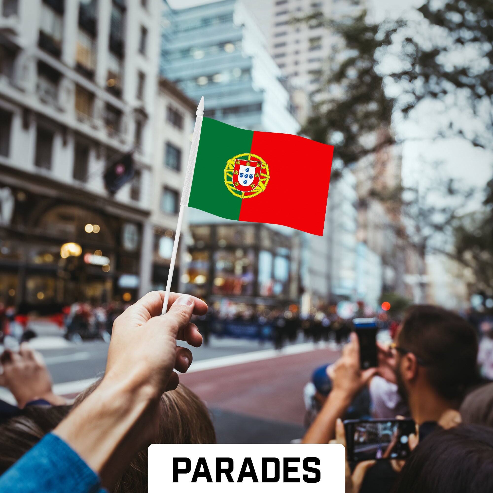 Back. G128 - 12-Pack Portugal Handheld Stick Flags, 4x6 in, 150D Polyester with Plastic Spear Sticks. - Assorted Colors.