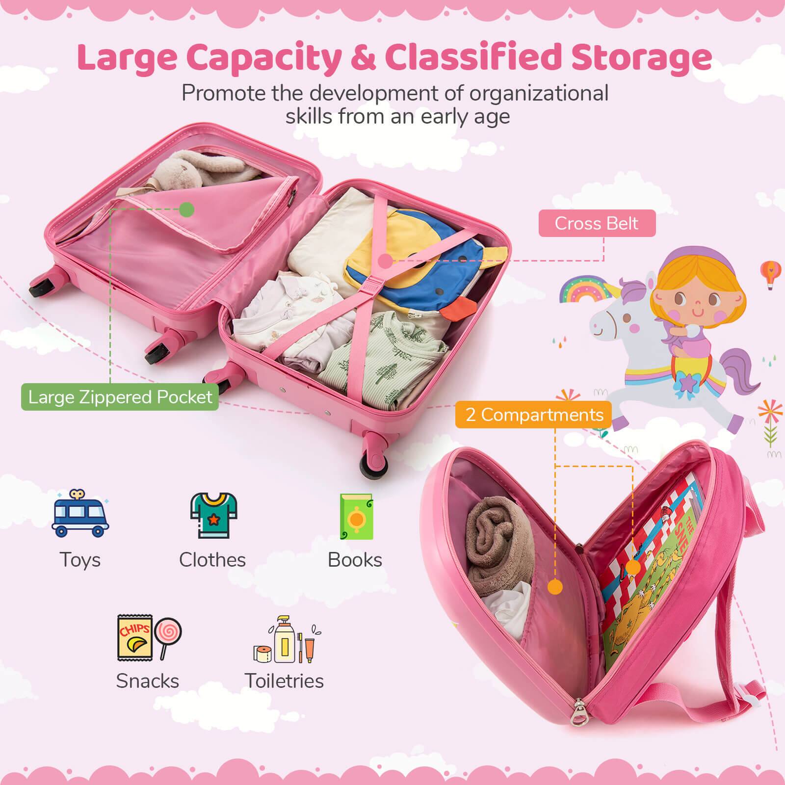 Large Capacity & Classified Storage  
Promote the development of organizational skills from an early age  

- Large Zippered Pocket  
- Cross Belt  
- 2 Compartments  

Toys  
Clothes  
Books  
Snacks  
Toiletries