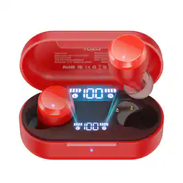 TOZO - T12 LED Display Bluetooth 5.3 Ear Buds, 55H Play, ENC Clear Call, IPX8, APP-32EQ, Stereo Powerful Bass, Wireless Charge - Red