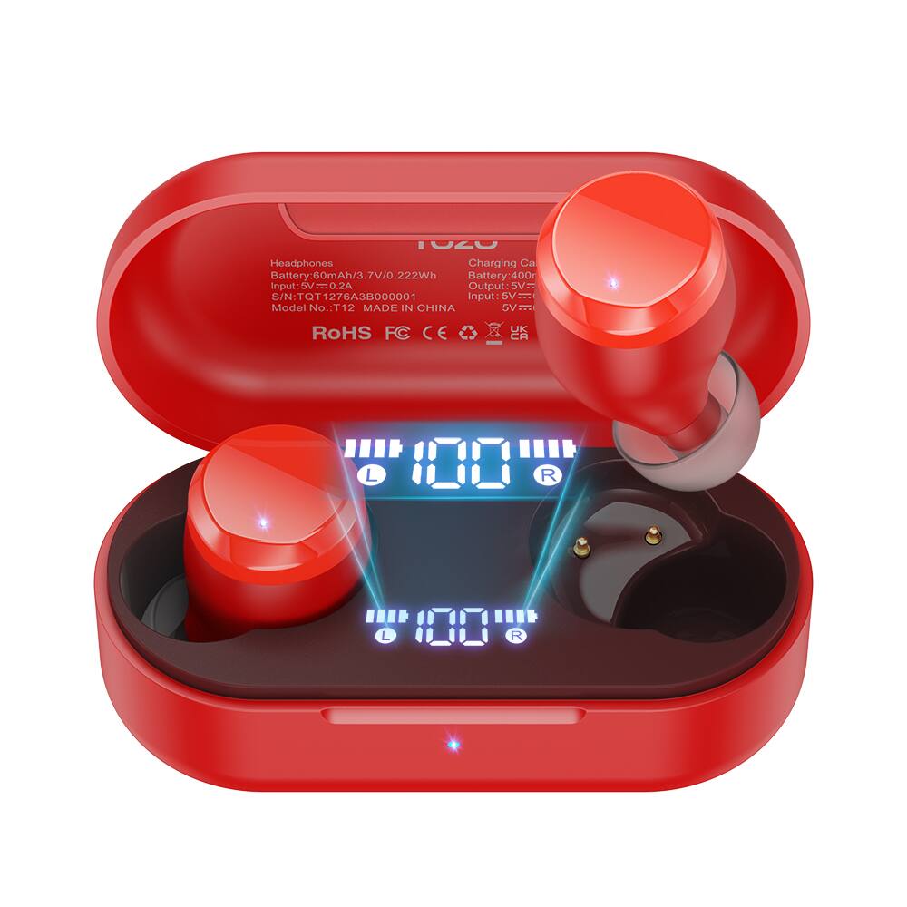TOZO - T12 LED Display Bluetooth 5.3 Ear Buds, 55H Play, ENC Clear Call, IPX8, APP-32EQ, Stereo Powerful Bass, Wireless Charge - Red