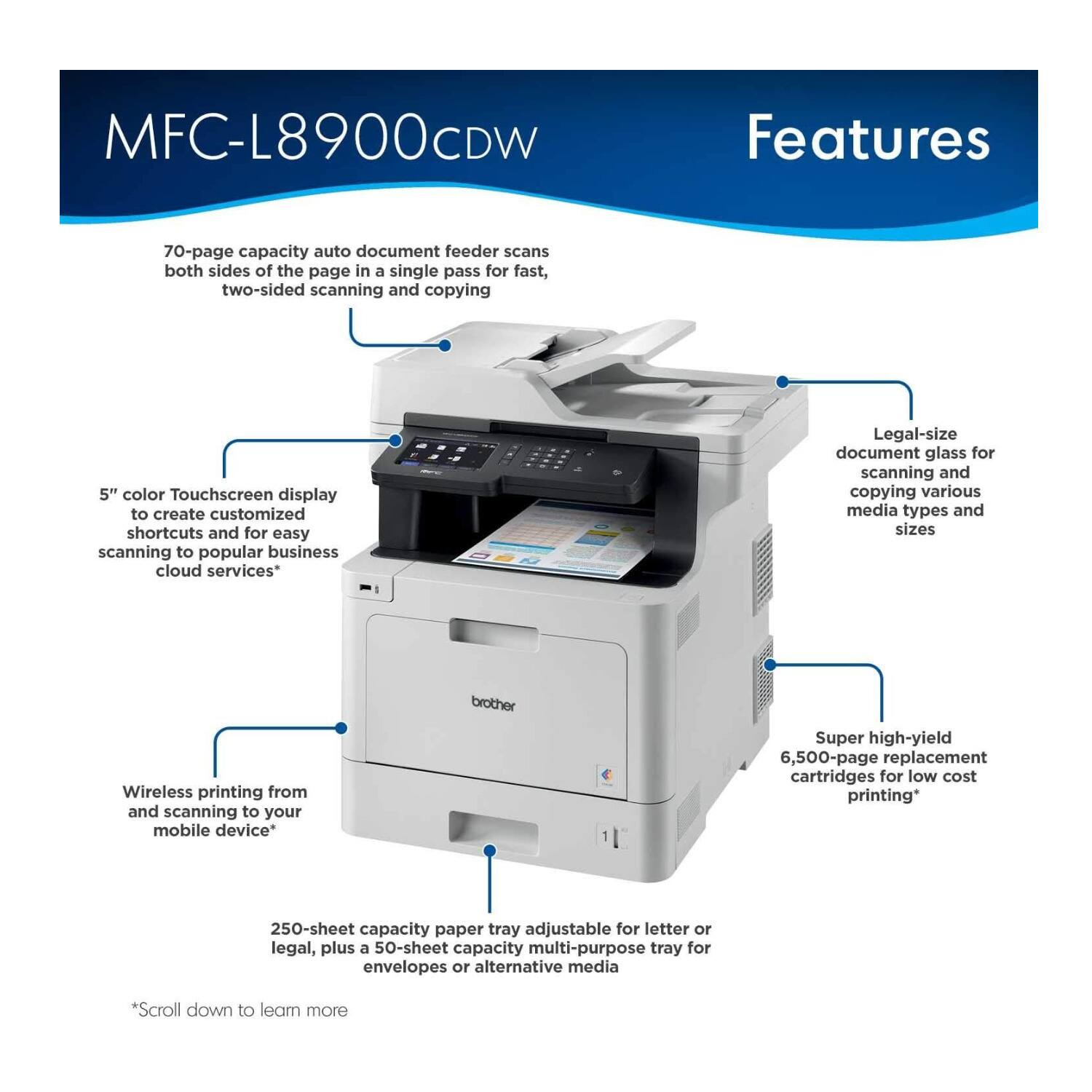 MFC-L8900CDW Features

- 70-page capacity auto document feeder scans both sides of the page in a single pass for fast, two-sided scanning and copying
- 5" color touchscreen display to create customized shortcuts and for easy scanning to popular business cloud services*
- Legal-size document glass for scanning and copying various media types and sizes
- Wireless printing from and scanning to your mobile device*
- Super high-yield 6,500-page replacement cartridges for low cost printing*
- 250-sheet capacity paper tray adjustable for letter or legal, plus a 50-sheet capacity multi-purpose tray for envelopes or alternative media

*Scroll down to learn more