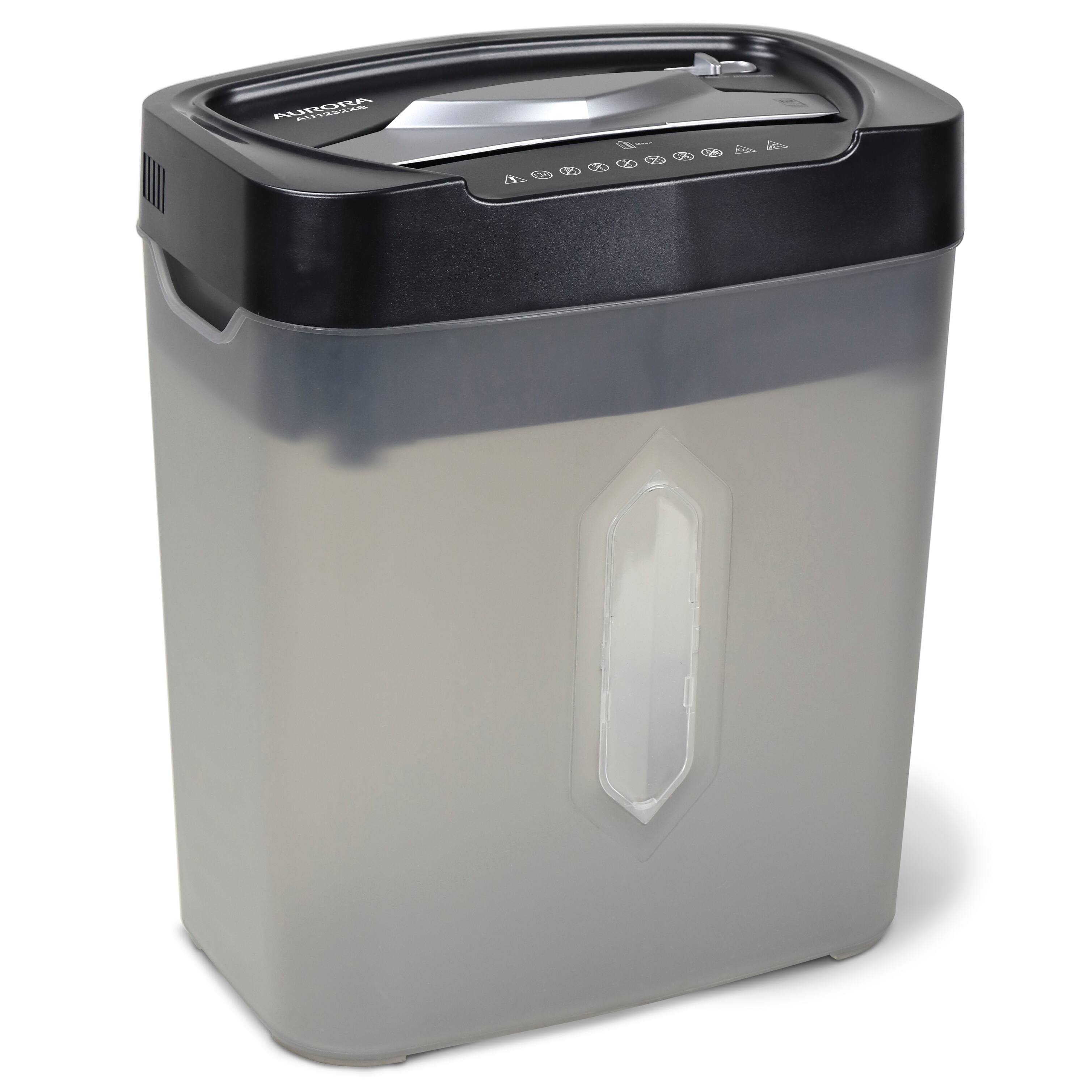 Left. Aurora - Aurora AU1232XB Anti-Jam 12-Sheet Crosscut Paper/Credit Card Shredder w 5.2-Gallon basket (Black/Semi Translucent Gray) - Black/Gray.