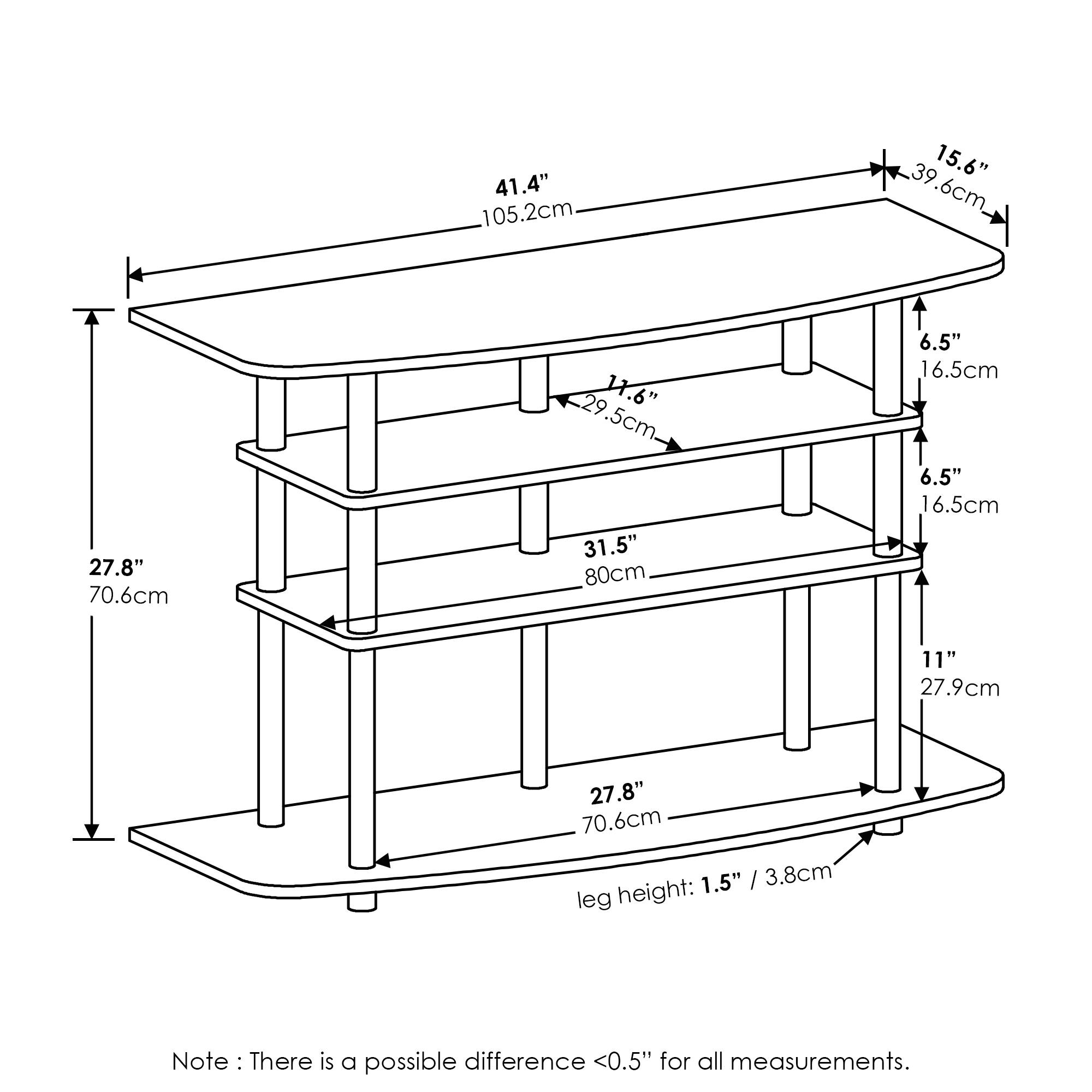41.4" / 105.2cm  
39.6" / 39.6cm  
27.8" / 70.6cm  
11.6" / 29.5cm  
31.5" / 80cm  
6.5" / 16.5cm  
6.5" / 16.5cm  
11" / 27.9cm  
27.8" / 70.6cm  
1.5" / 3.8cm leg height  

Note: There is a possible difference <0.5" for all measurements.