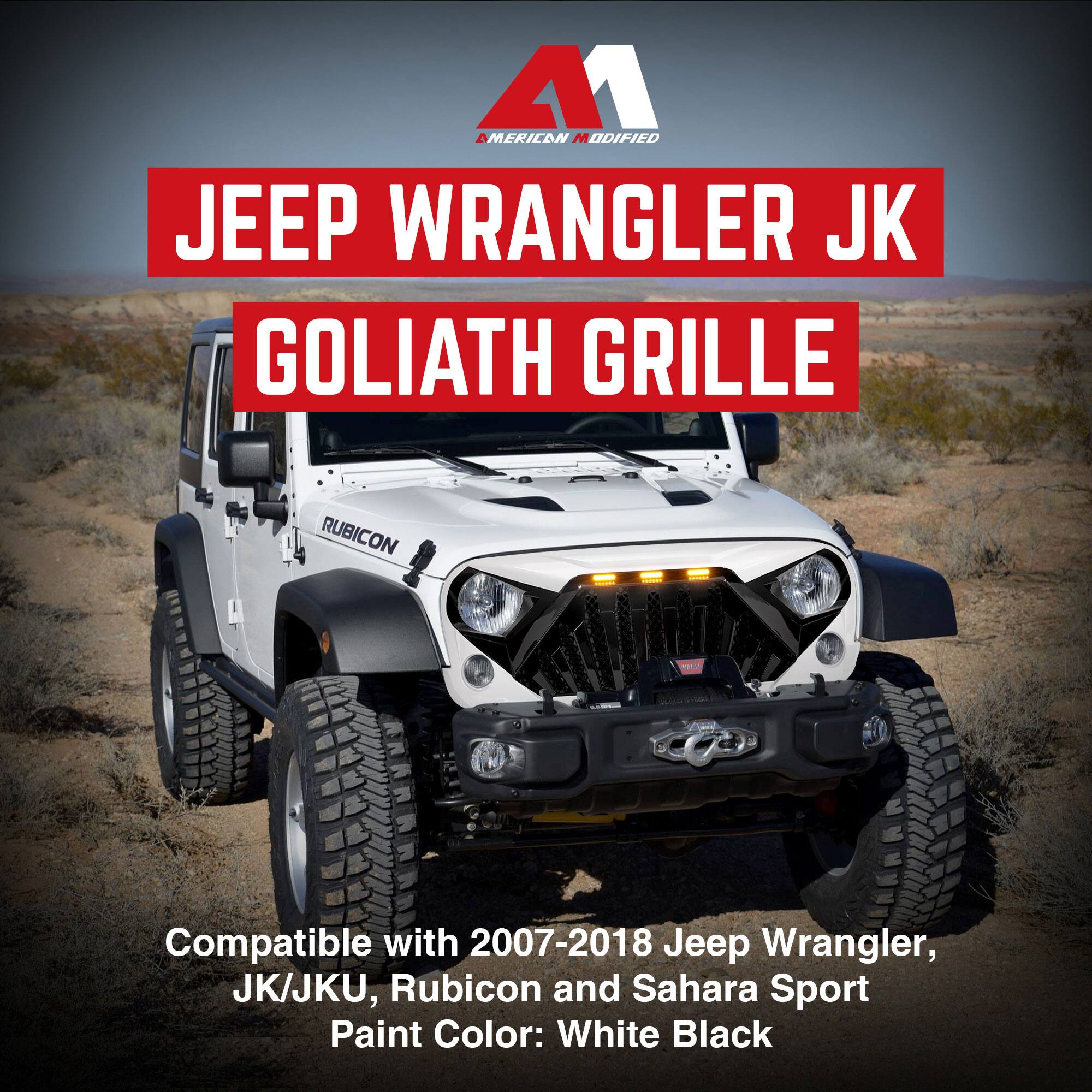 **AMERICAN MODIFIED**

**JEEP WRANGLER JK GOLIATH GRILLE**

Compatible with 2007-2018 Jeep Wrangler, JK/JKU, Rubicon and Sahara Sport  
Paint Color: White Black