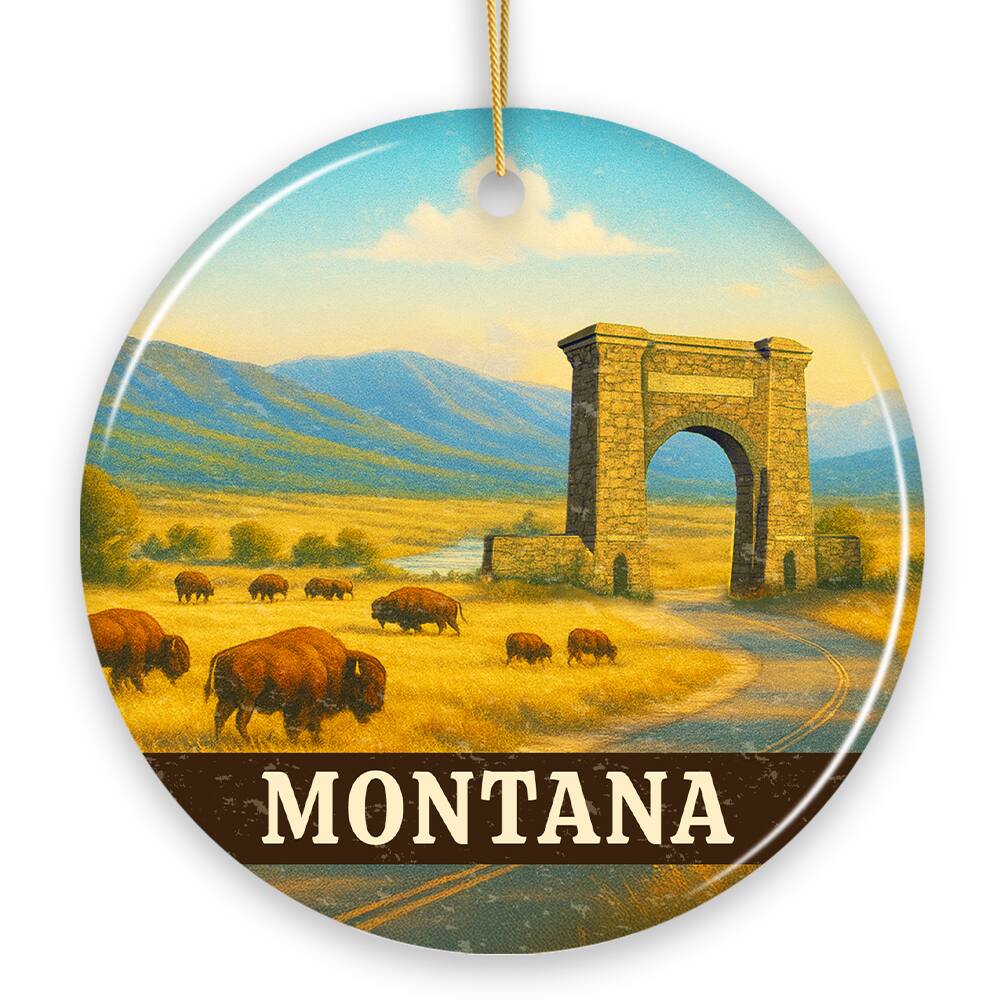 Front. OrnamentallyYou - Rustic Montana Wildlife and Landmark Ornament, Yellowstone Entrance Christmas Gift Western Ornament - Multi-colored.