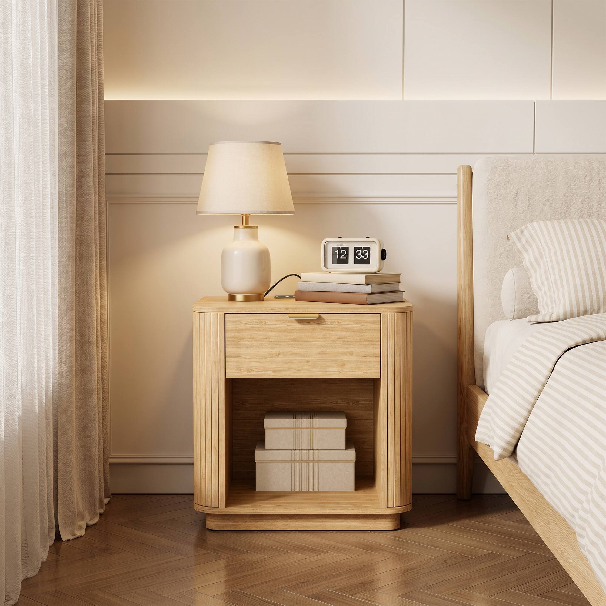 Angle. Furnulem - 1 Drawer Fluted Nightstand with Built in Power Outlet Wooden Bedside End Table for Home - Yellow.