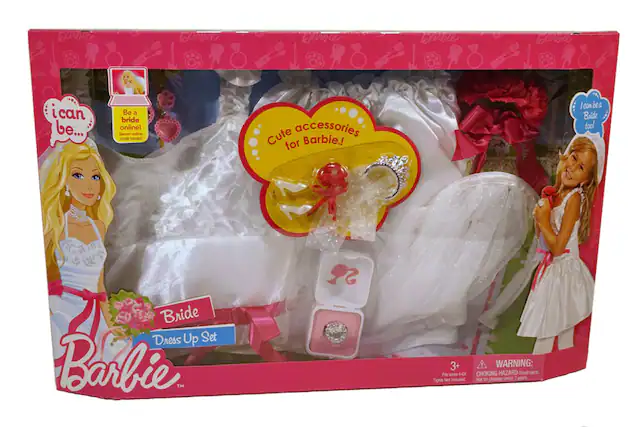 Sure, here is the corrected and grouped text from the image:
---
**Front of the Box:**
- **Top Left:**
- "I can be..."
- "Be a bride online! Secret online code inside!"
- **Top Right:**
- "I can be a Bride too!"
- **Center:**
- "Bride Dress Up Set"
- "Barbie™"
- **Bottom Left:**
- "Cute accessories for Barbie!"
- **Bottom Right:**
- "WARNING: CHOKING HAZARD - Small parts. Not for children under 3 years."
- **Bottom Center:**
- "3+"
- "Tights Not Included"
---
**Side of the Box:**
- "Cute accessories for Barbie!"
---
**Additional Text:**
- "Secret online code inside!"
---
This text is grouped and corrected based on the image provided.