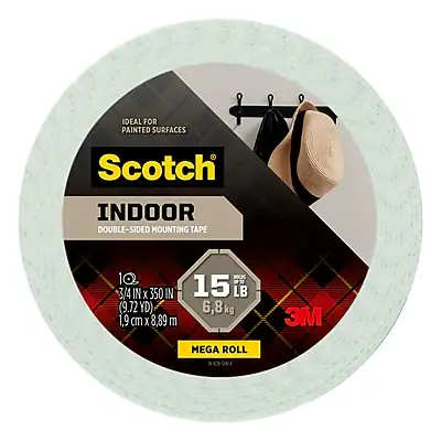 IDEAL FOR PAINTED SURFACES
Scotch INDOOR DOUBLE-SIDED MOUNTING TAPE
10 3/4 IN X 350 IN (9.72 YD)
1.9 cm X 8.89 m
15 LB 6.8 kg
3M MEGA ROLL