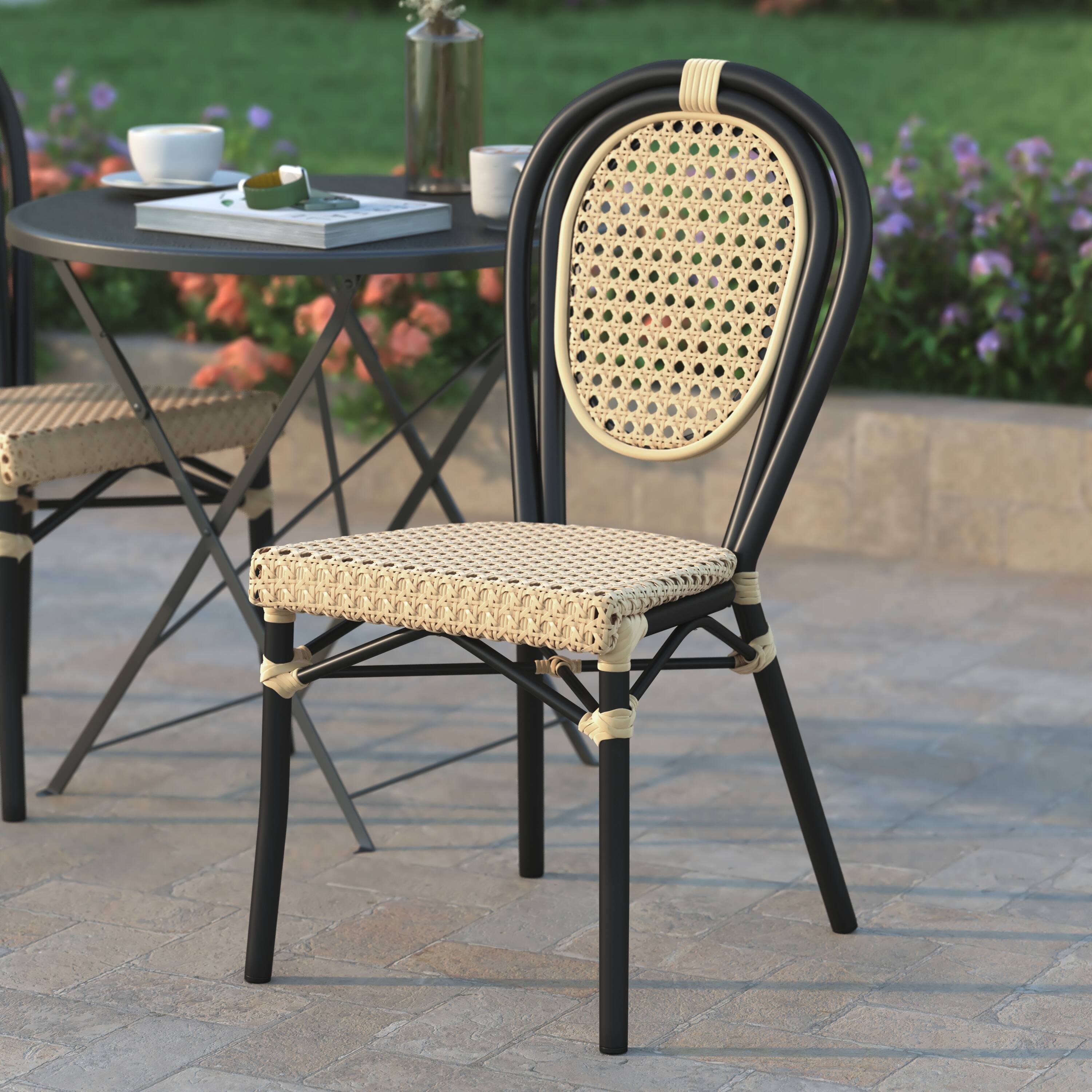 Alt View 3. Emma + Oliver - Reims Indoor/Outdoor Stacking Thonet Bistro Style Chair with PE Cane Rattan Seat and Finished Metal Frame - Natural/Black Frame.