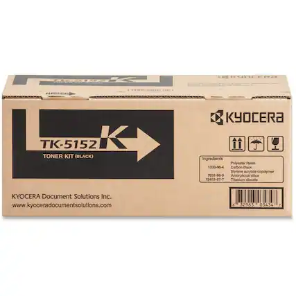 TK-5152
TONER KIT (BLACK)
KYOCERA Document Solutions Inc.
www.kyoceradocumentsolutions.com
Ingredients:
- Polyester Resin 1333-86-4
- Carbon Black
- Styrene acrylate copolymer 7631-86-9
- Amorphous silica 13463-67-7
- Titanium dioxide
6 32983 03434 7