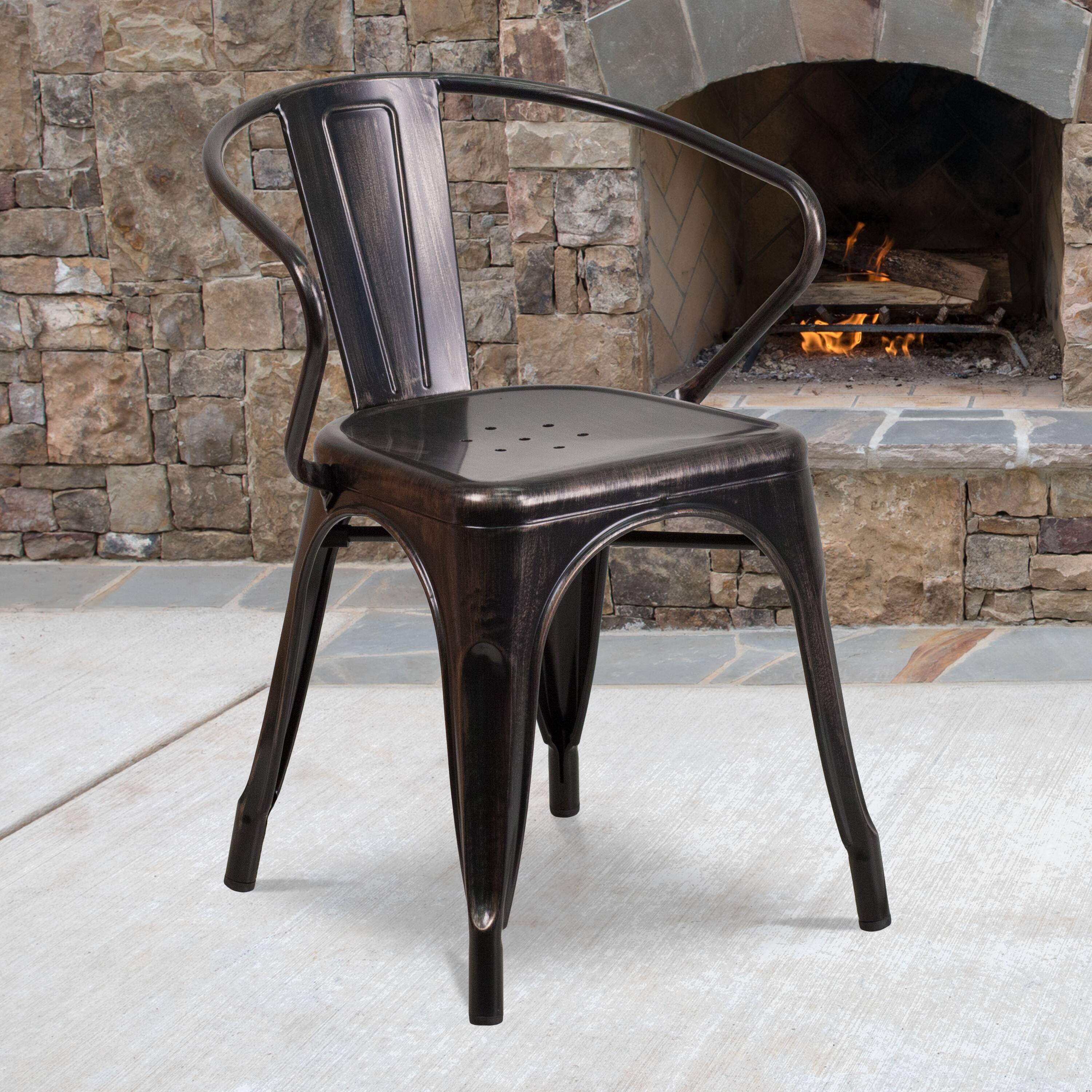 Alt View 1. Emma + Oliver - Commercial Grade Colorful Metal Indoor-Outdoor Chair with Arms - Black-Antique Gold.