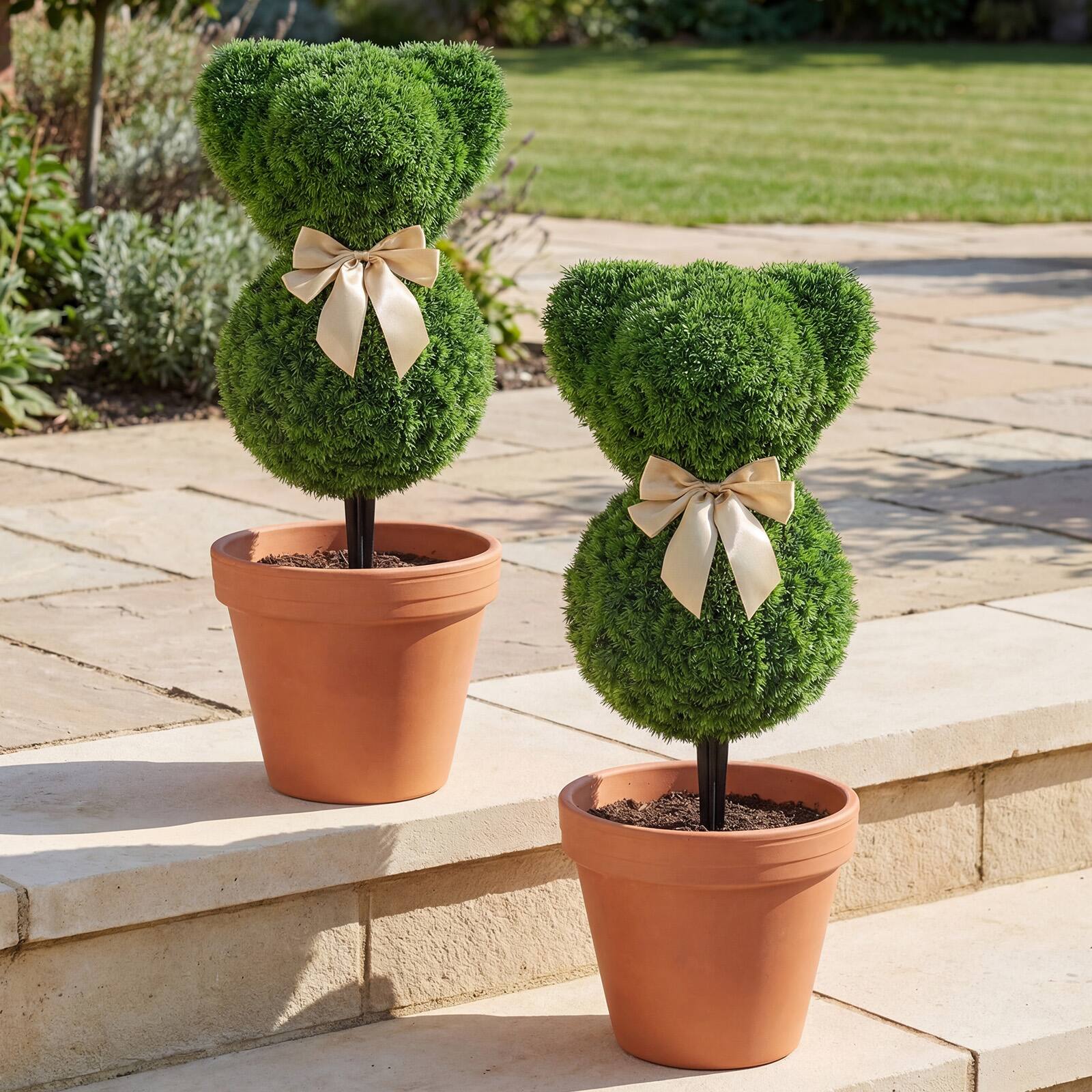Alt View 1. Costway - Costway 2 Pcs Teddy Bear Topiary Trees, Sun-resistant Faux Boxwood Plants with Bowknot - Green + Golden.