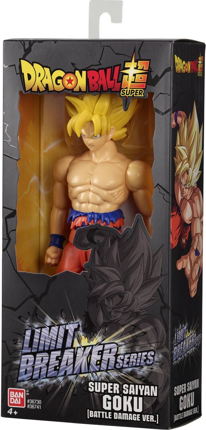 Sure, here is the corrected and grouped text from the image:

---

**DRAGON BALL SUPER**

**LIMIT BREAKER SERIES**

**SUPER SAIYAN GOKU**  
[BATTLE DAMAGE VER.]

**BANDAI**  
#36730  
#36741

**4+**

---

This text is taken directly from the packaging of the figure.