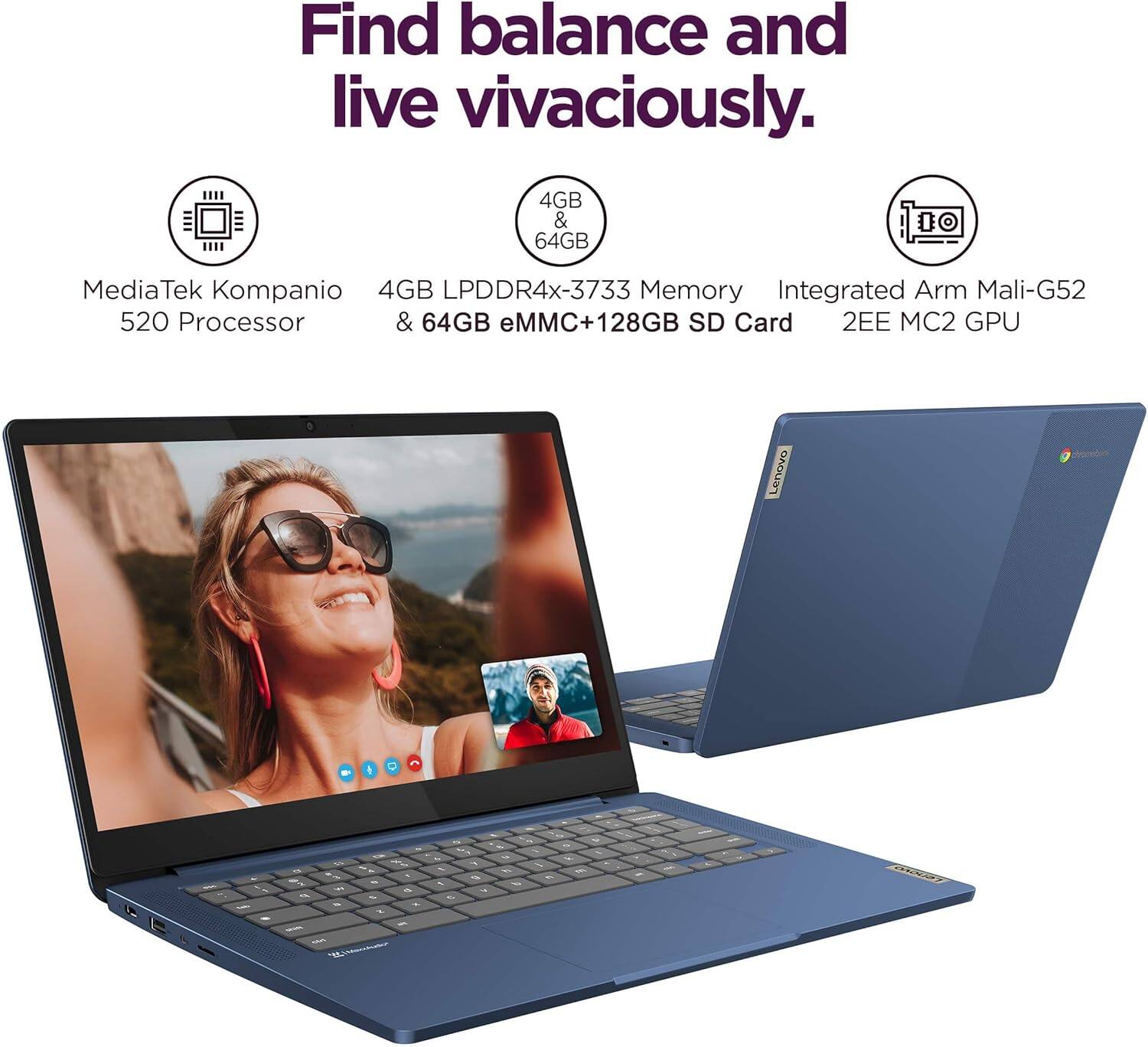 Alt View 2. Lenovo - IdeaPad Slim 3 Chromebook 14" FHD Touchscreen Laptop - MediaTek Kompanio 8-Core Processor  - 192GB Storage - Chrome OS - Abyss Blue.