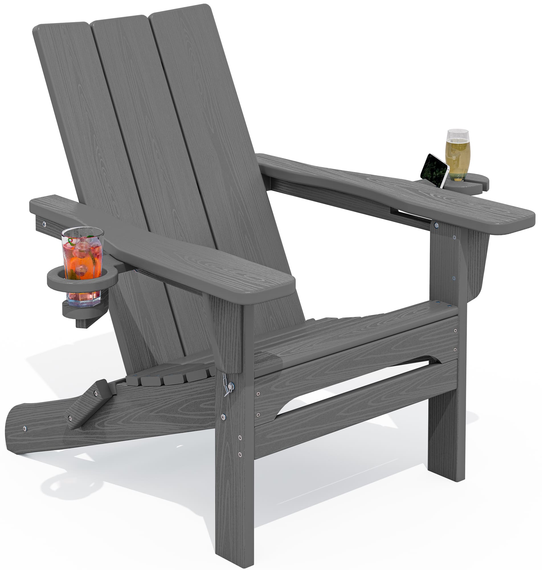 SERWALL - Outdoor HDPE Modern Adirondack Chair,Folding Adirondack with Cup Holders, All Weather Fire Pit Chair - Gray