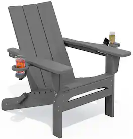 SERWALL - Outdoor HDPE Modern Adirondack Chair,Folding Adirondack with Cup Holders, All Weather Fire Pit Chair - Gray