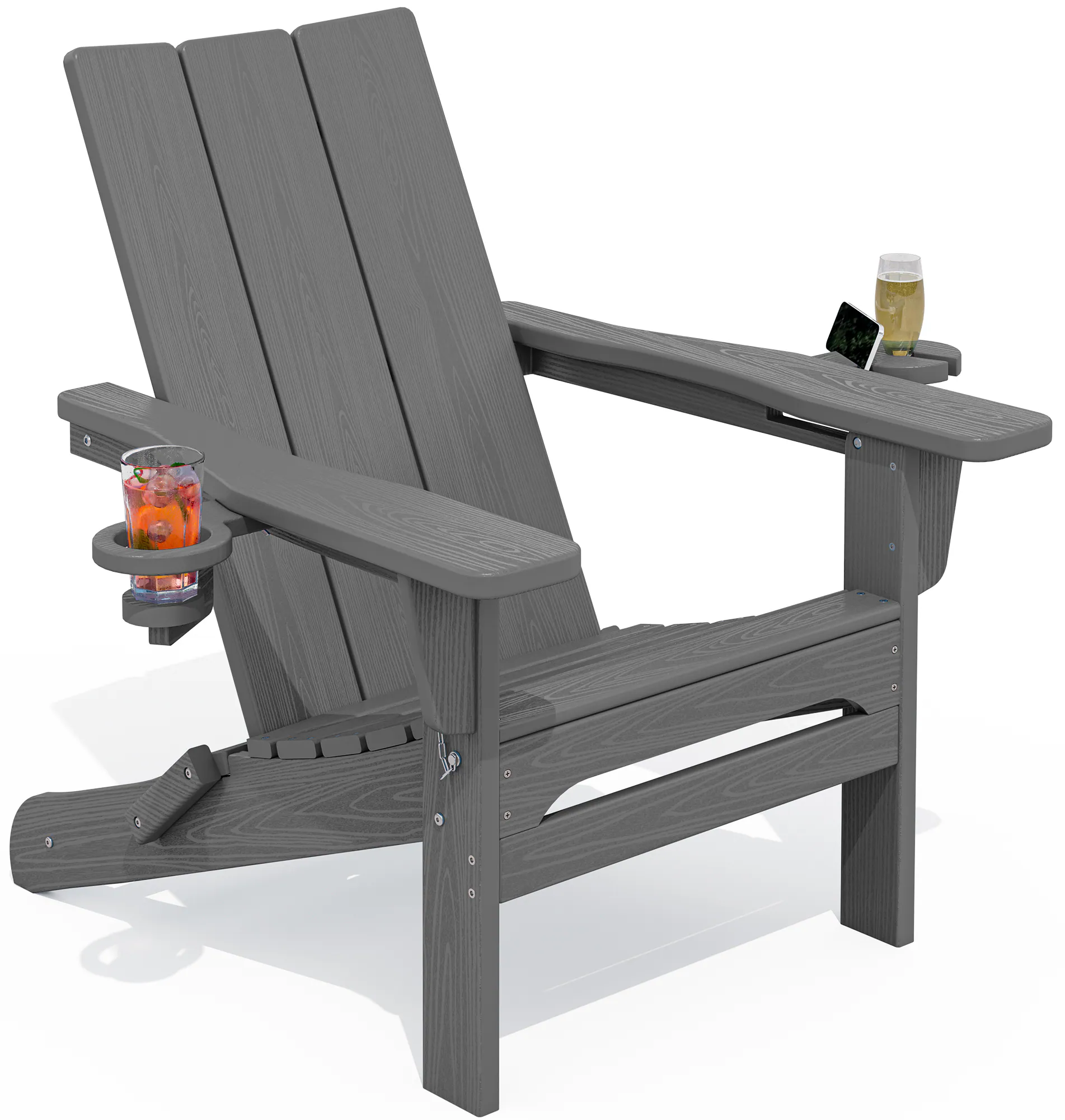 Front. SERWALL - SERWALL Outdoor HDPE Modern Adirondack Chair，Folding Adirondack with Cup Holders, All Weather Fire Pit Chair, Gray - Gray.