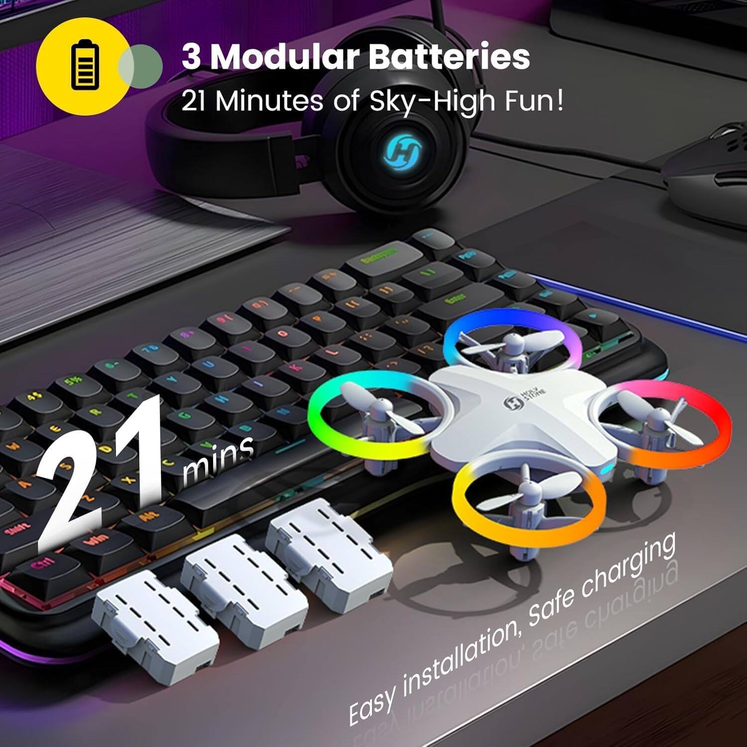 3 Modular Batteries  
21 Minutes of Sky-High Fun!  

21 mins  

Easy installation, Safe charging
