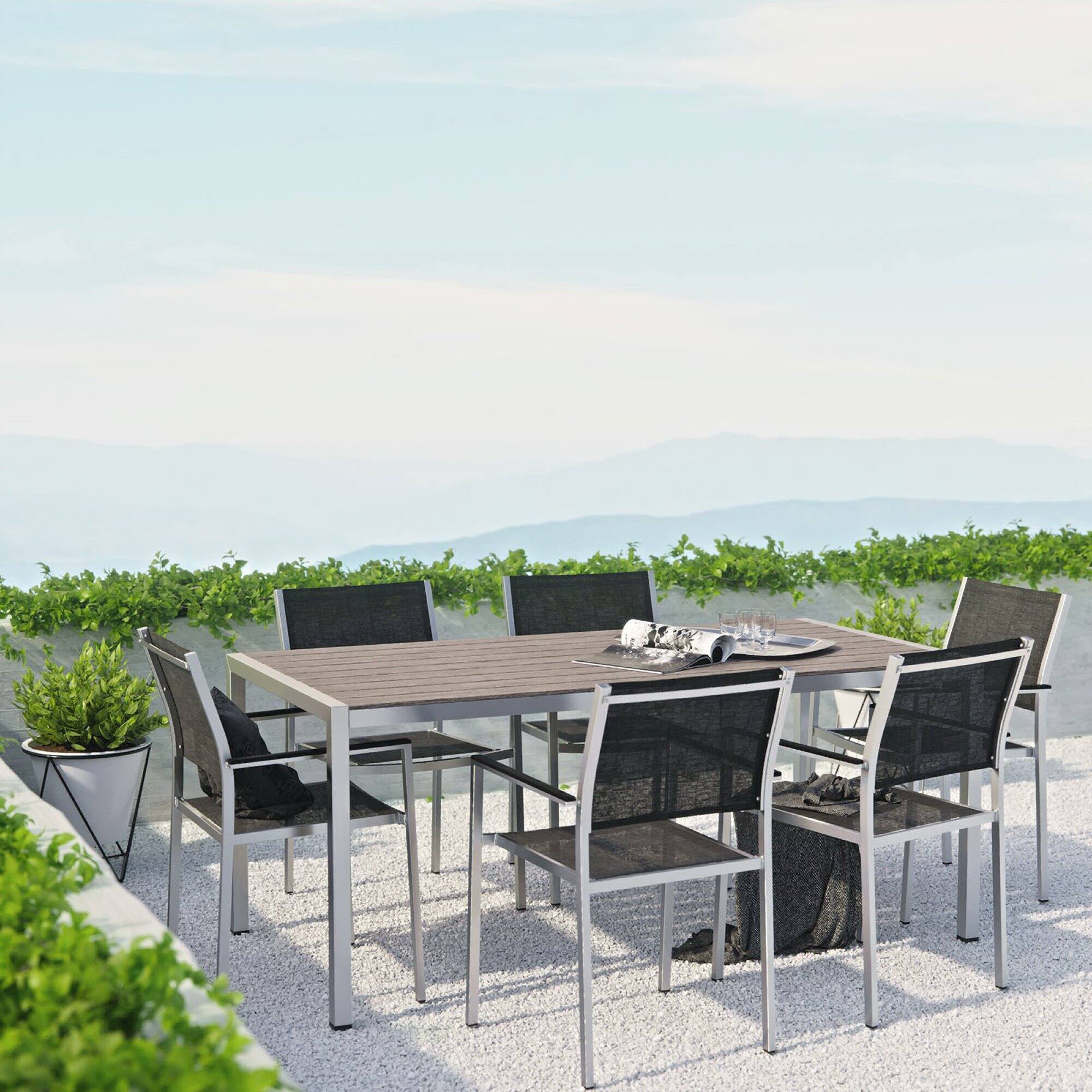 Alt View 3. Modway - Shore 7-Piece Outdoor Aluminum Patio Dining Set - Seats 6, Anodized Brushed Aluminum Frame - Silver Black.