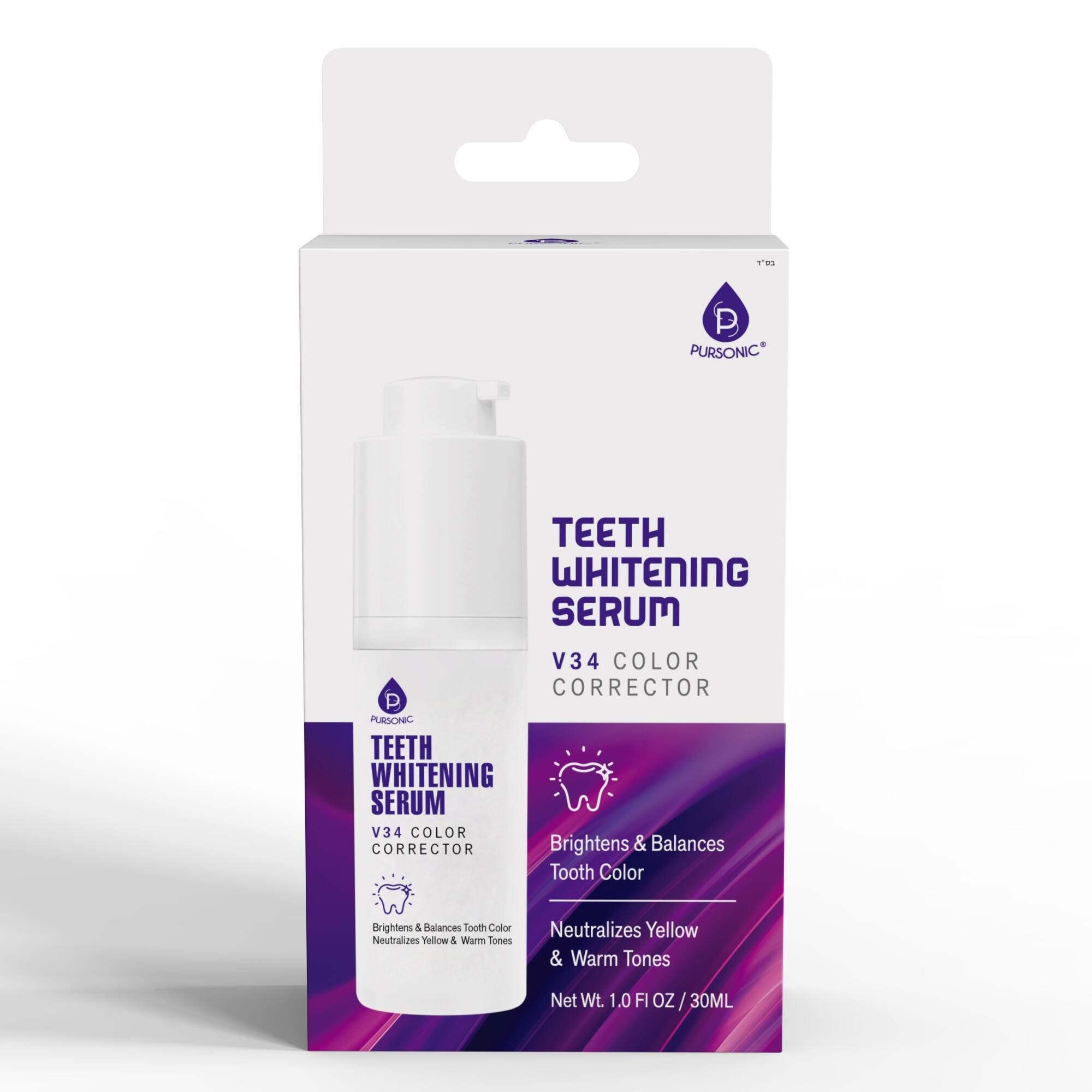 PURSONIC  
TEETH WHITENING SERUM  
V34 COLOR CORRECTOR  

Brightens & Balances Tooth Color  
Neutralizes Yellow & Warm Tones  

Net Wt. 1.0 FL OZ / 30ML