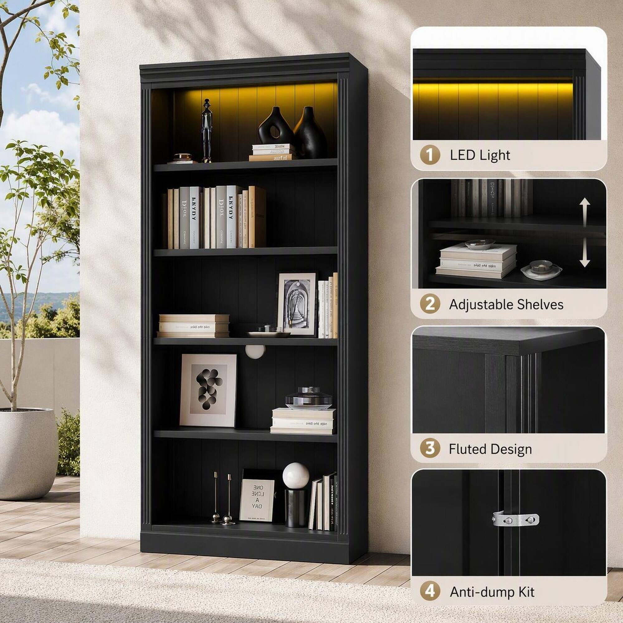 1. LED Light
2. Adjustable Shelves
3. Fluted Design
4. Anti-dump Kit