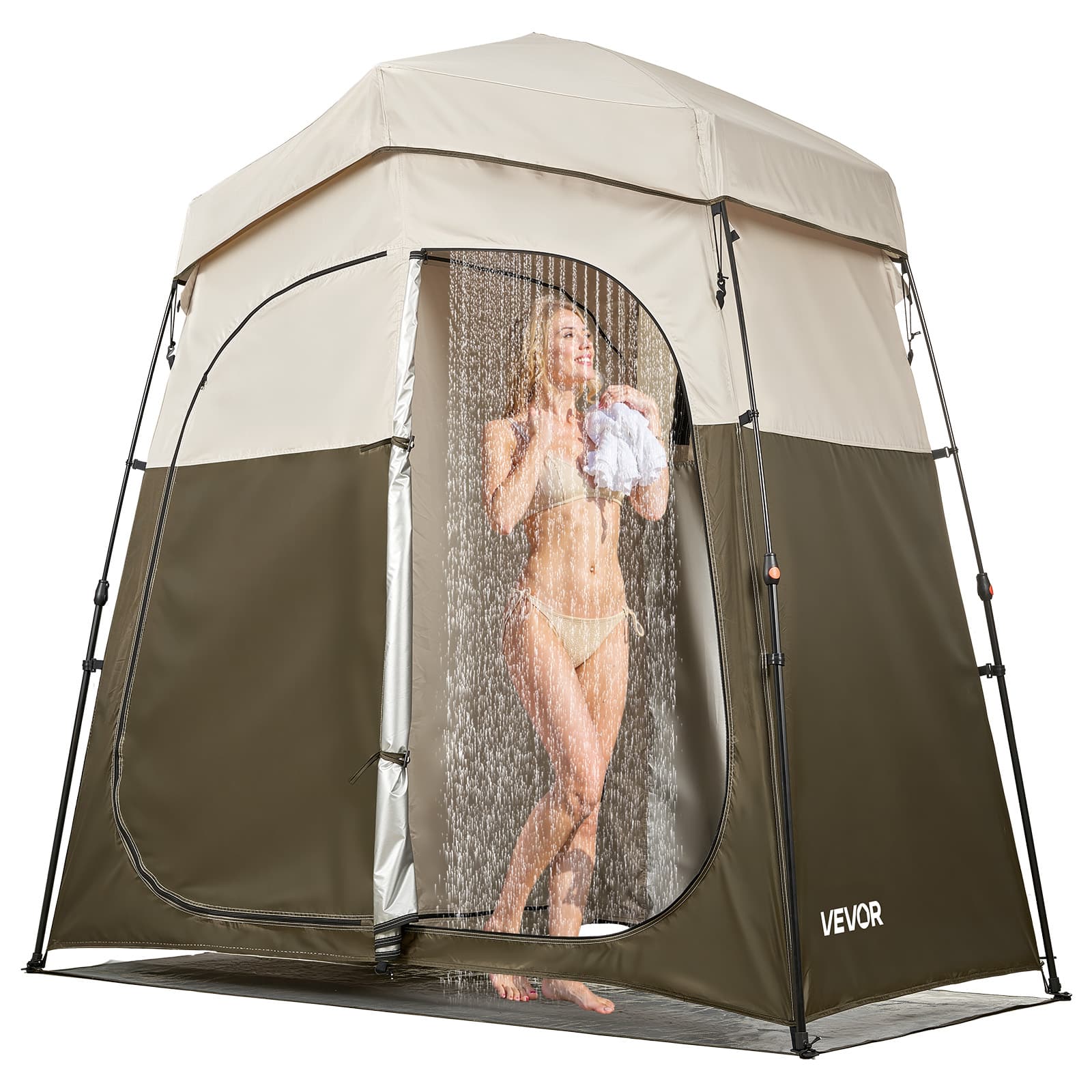 VEVOR - Camping Shower Tent, 2-Room Foldable Portable Privacy Tent Changing Room with Ground Stakes, Ropes, and Carry Bag - Khaki