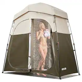 VEVOR - Camping Shower Tent, 2-Room Foldable Portable Privacy Tent Changing Room with Ground Stakes, Ropes, and Carry Bag - Khaki