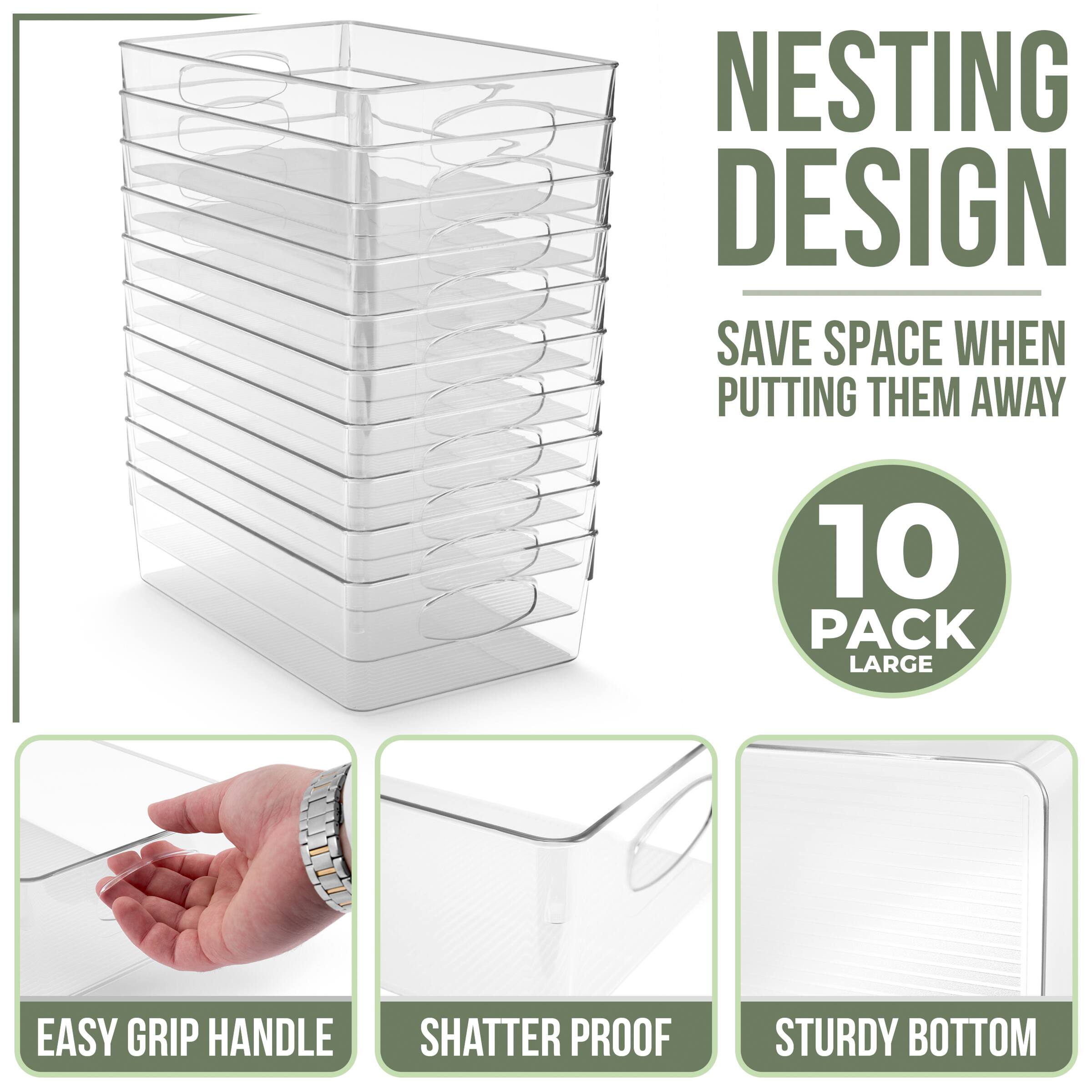 NESTING DESIGN  
SAVE SPACE WHEN PUTTING THEM AWAY  

10 PACK LARGE  

EASY GRIP HANDLE  
SHATTER PROOF  
STURDY BOTTOM