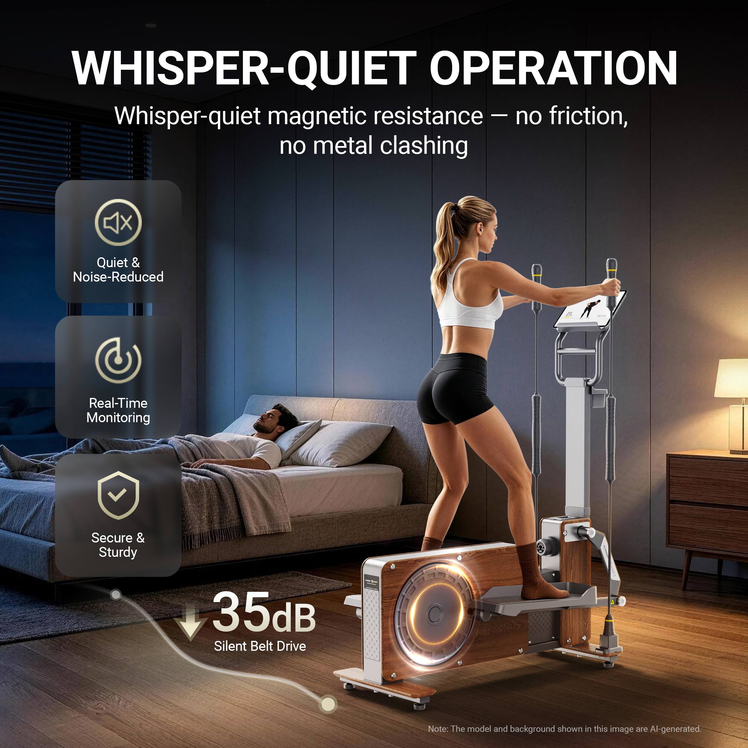 WHISPER-QUIET OPERATION

Whisper-quiet magnetic resistance - no friction, no metal clashing

Quiet & Noise-Reduced
Real-Time Monitoring
Secure & Sturdy

35dB Silent Belt Drive

Note: The model and background shown in this image are AI-generated.