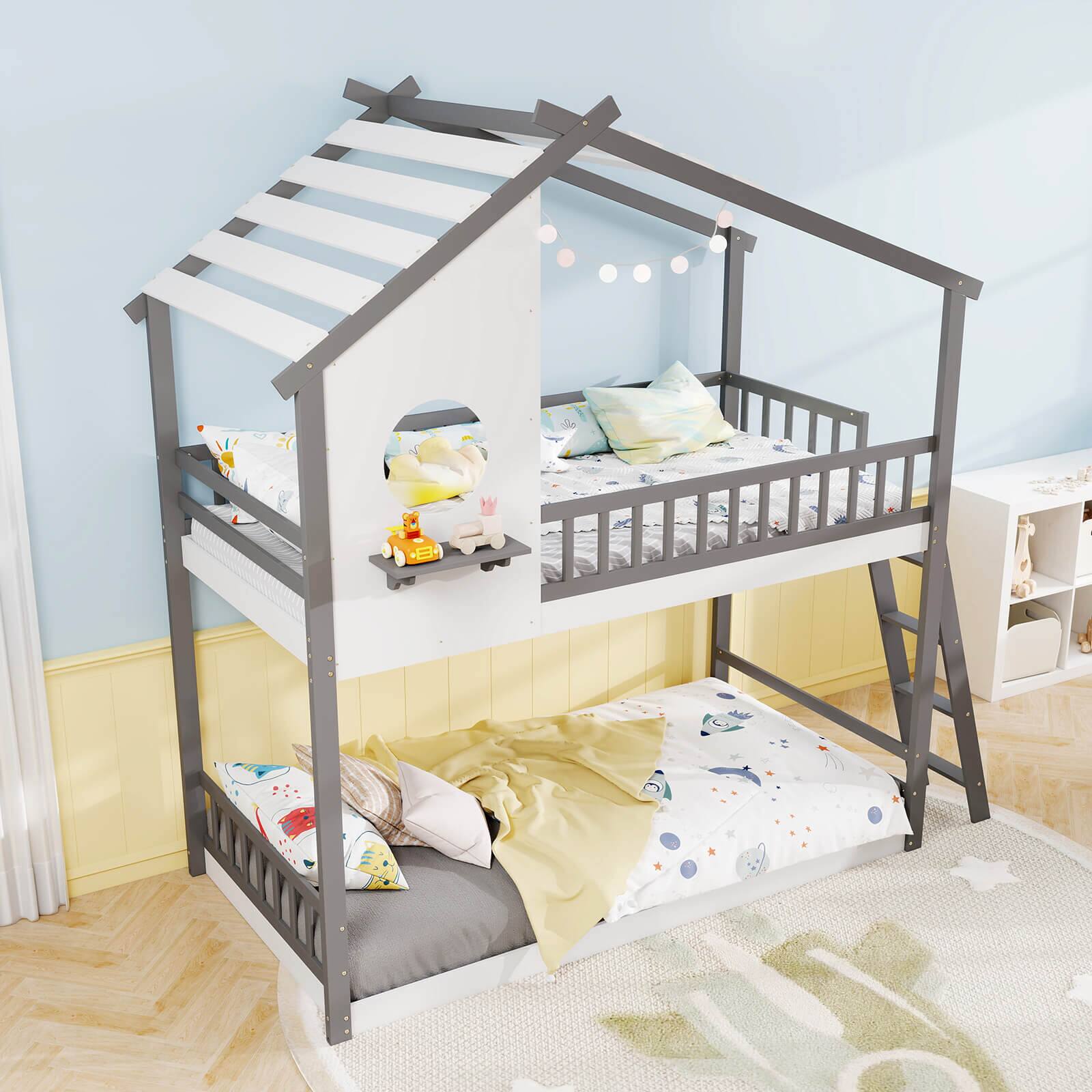 Alt View 5. Costway - Costway Twin over Twin House Bunk Bed with Roof Ladder & Full-length Guardrails for Kids - White & Gray.