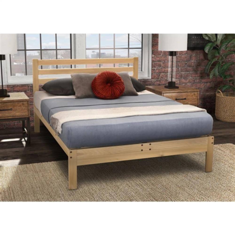 Angle. Hivvago - Full size Solid Wood Platform Bed Frame with Slatted Headboard - Brown.
