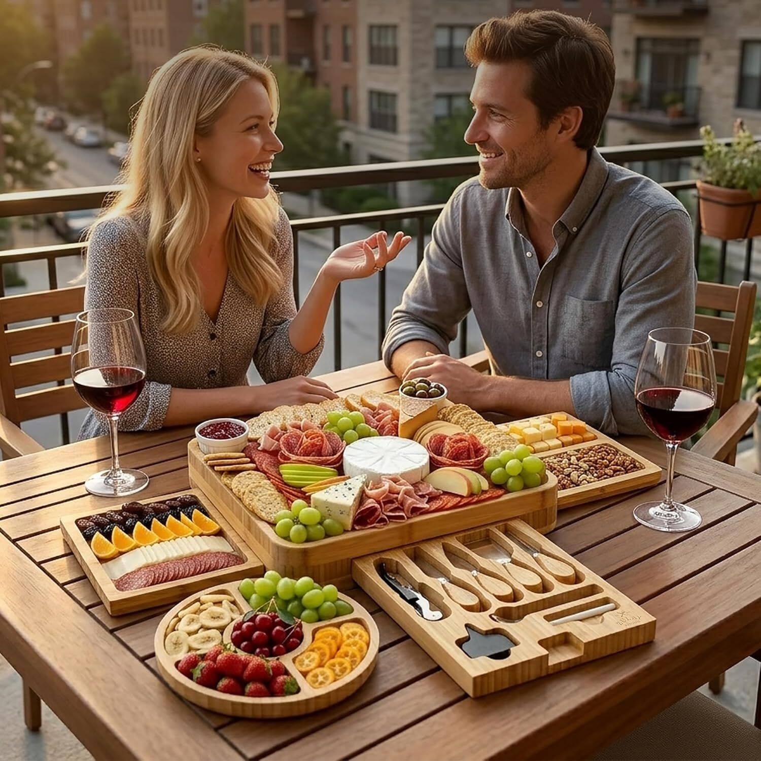 Left. Zulay Kitchen - Zulay Kitchen Premium Bamboo Charcuterie Board Set with 4-Piece Cheese Knife Set - Deluxe Set - Brown.