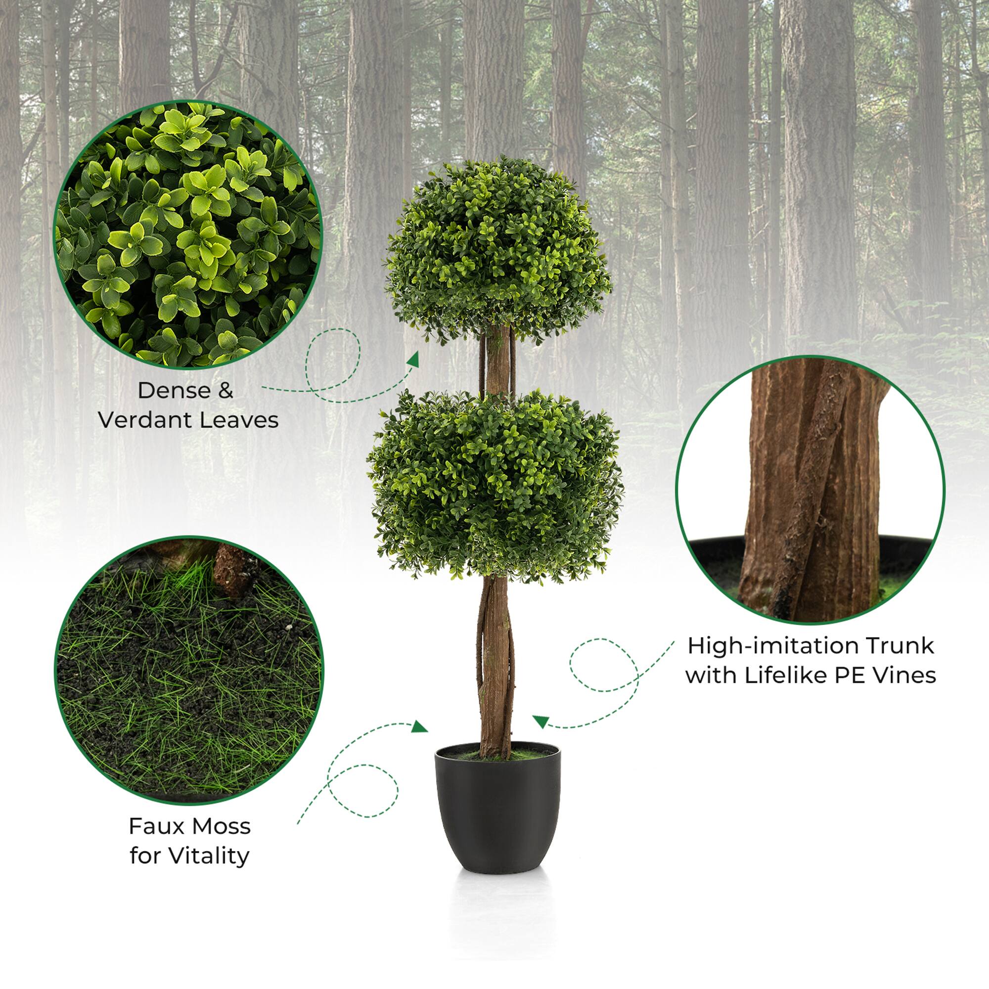 - Dense & Verdant Leaves
- High-imitation Trunk with Lifelike PE Vines
- Faux Moss for Vitality