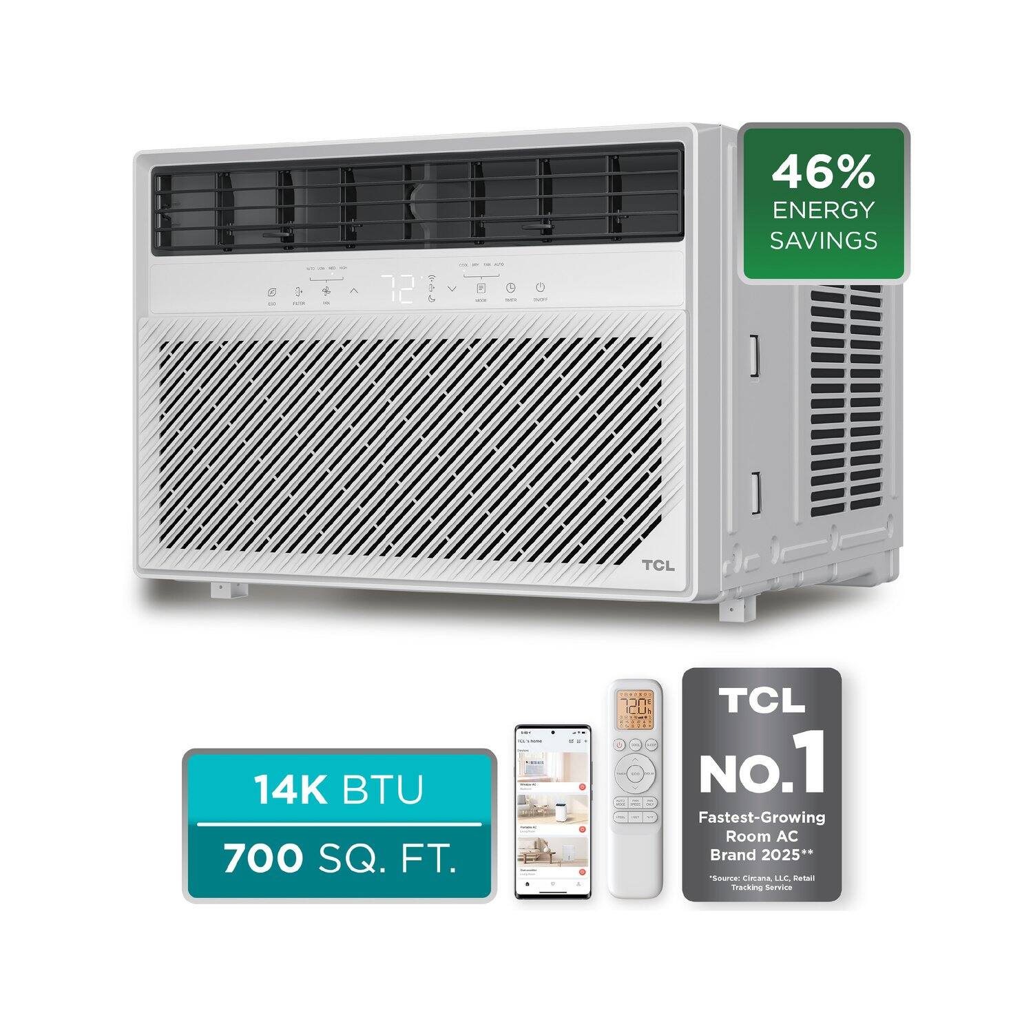 I 12 4 - 46% ENERGY SAVINGS  
TCL 14K BTU 700 SQ. FT.  
TCL No.1 Fastest-Growing Room AC Brand 2025**  
Source: Cicana, LLC Retail Tracking Service